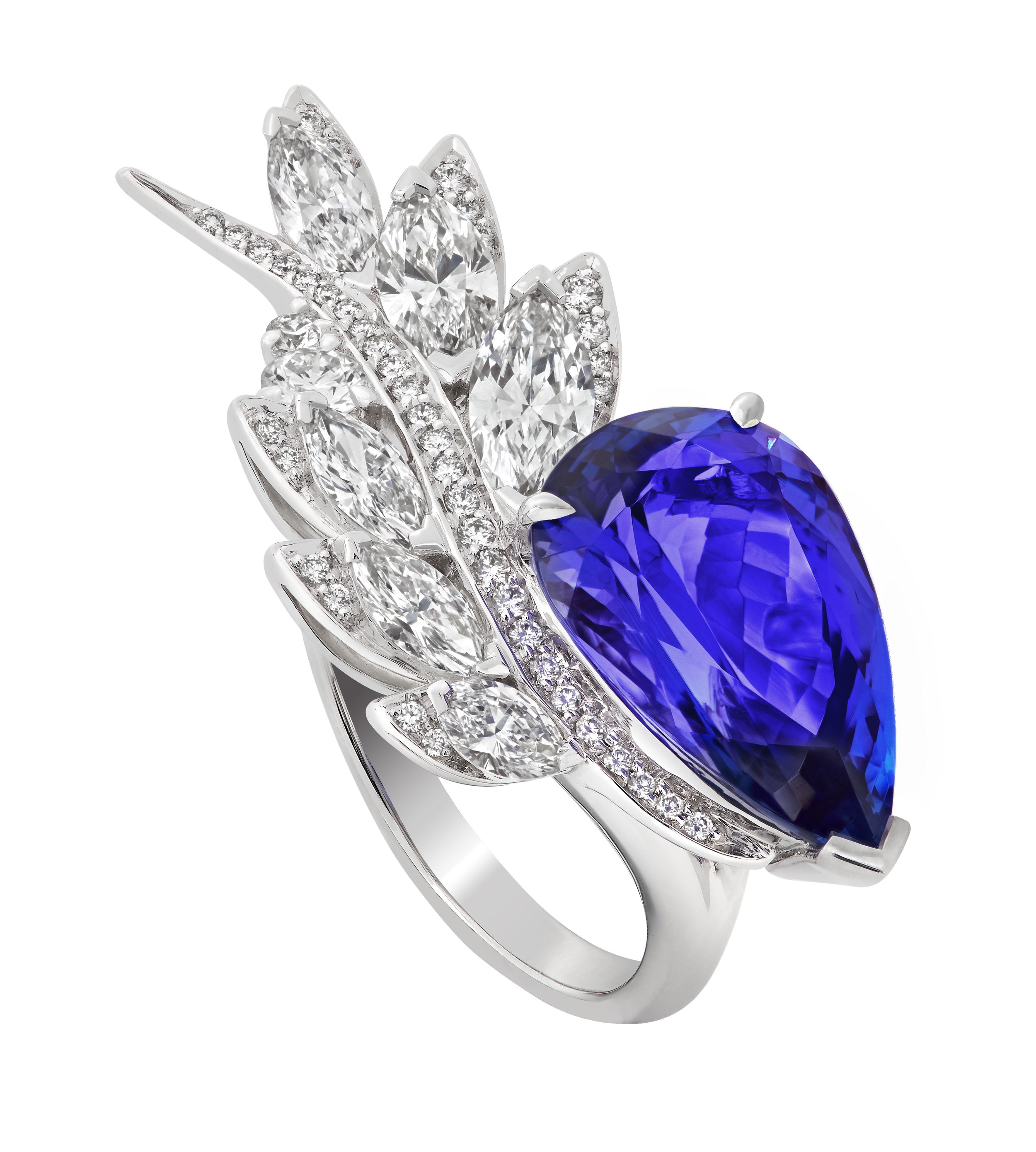 Magnipheasant Plumage Couture Ring with Tanzanite and White Diamonds in 18kt White Gold - Size 7 by Stephen Webster. Center stone ring in 18kt white gold with one 7.15ct tanzanite surrounded by 0.31ctw of pave white diamonds and highlighted by marquise shape white diamonds at 1.45ctw. Magnipheasant Plumage Couture Ring with Tanzanite and White Diamonds in 18kt White Gold - Size 7