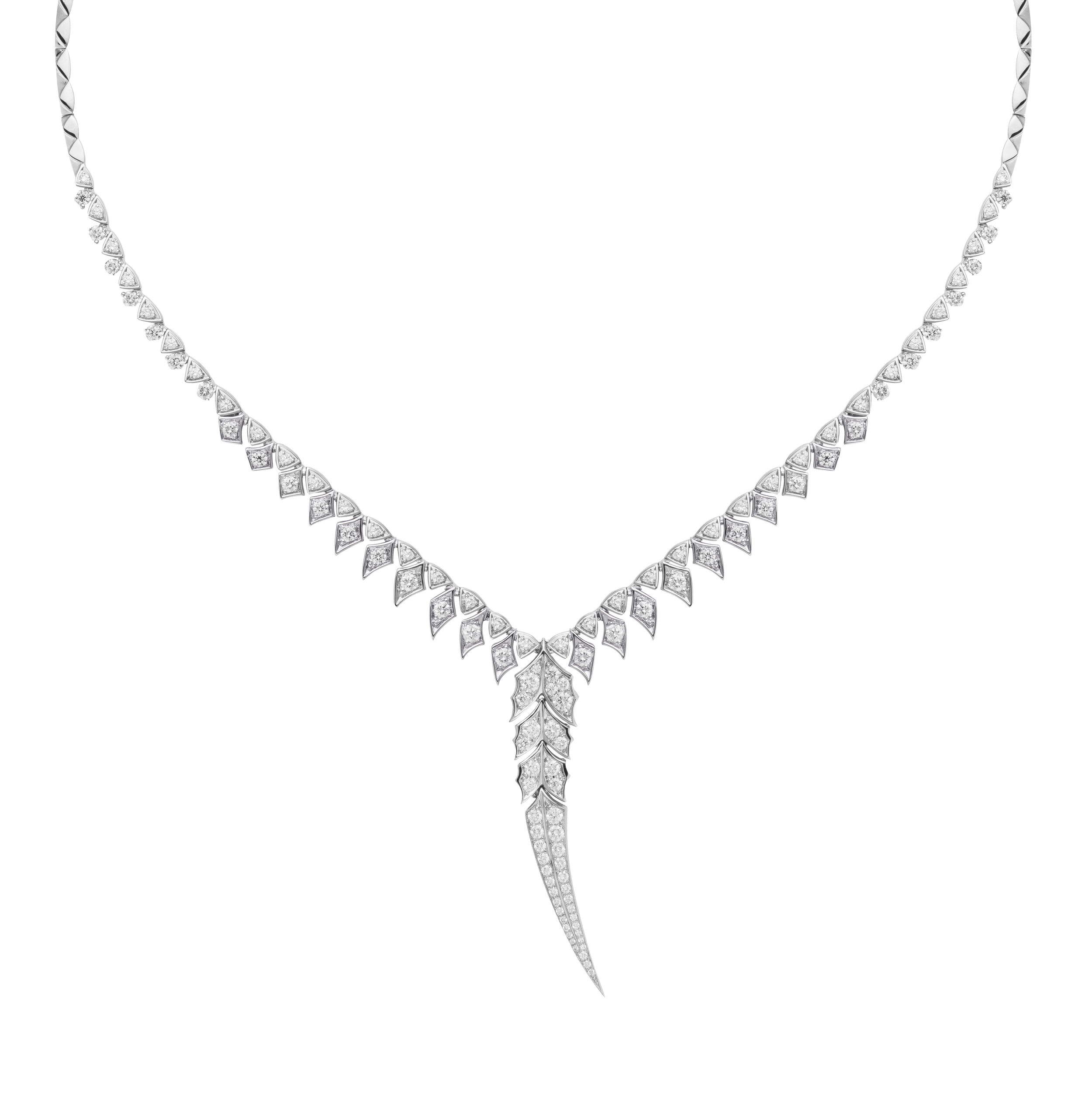Magnipheasant Tail Feather Drop Necklace with White Diamonds in 18kt White Gold by Stephen Webster. Feather link necklace with long feather at the bottom in 18kt white gold with 3.40ctw of pave white diamonds. Magnipheasant Tail Feather Drop Necklace with White Diamonds in 18kt White Gold