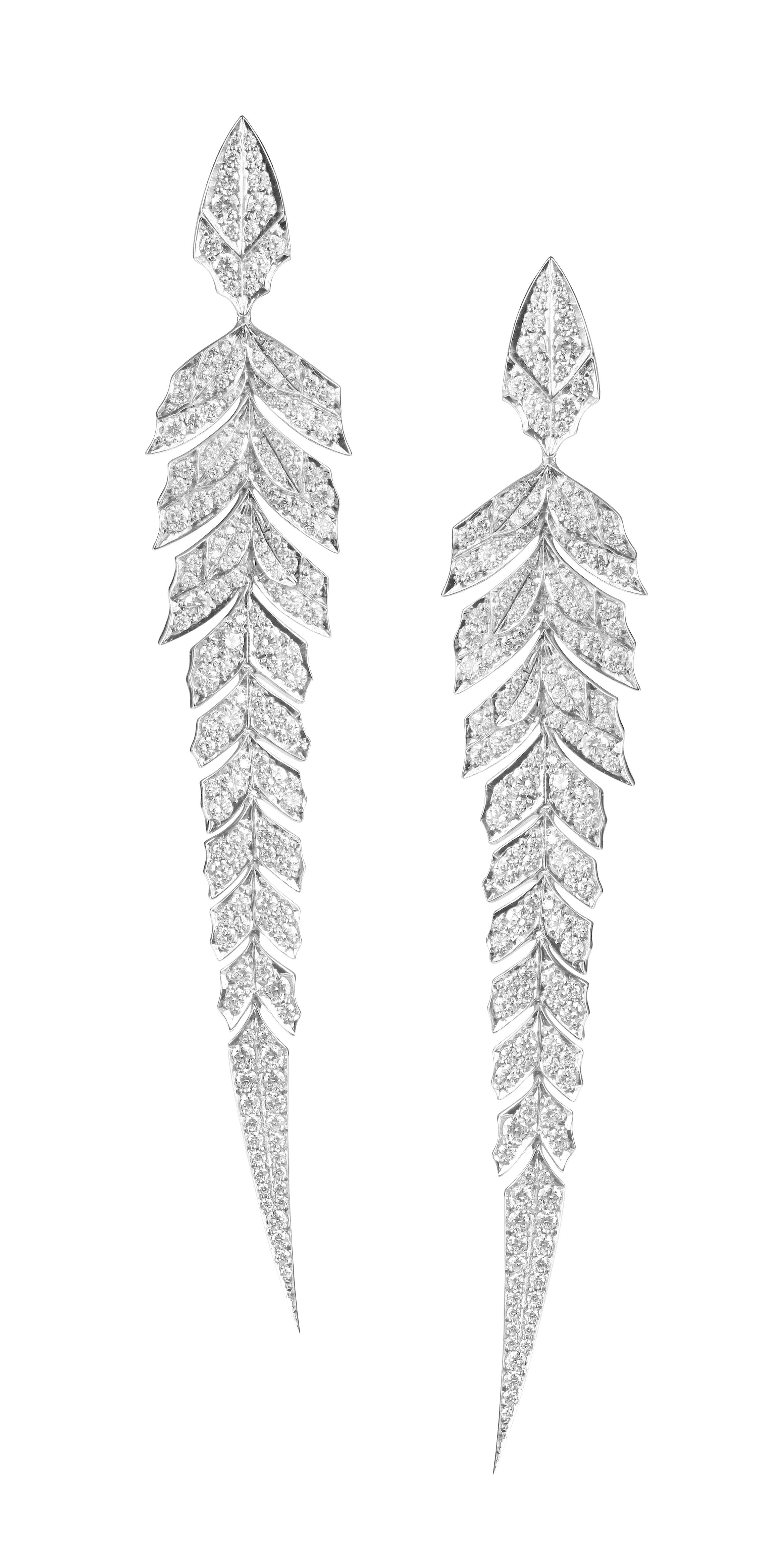 Magnipheasant Tail Feather Long Drop Earrings with White Diamonds in 18kt White Gold by Stephen Webster. Longer feather dangle earrings in 18kt white gold with white rhodium over and white diamond pave at 1.90ctw. Magnipheasant Tail Feather Long Drop Earrings with White Diamonds in 18kt White Gold