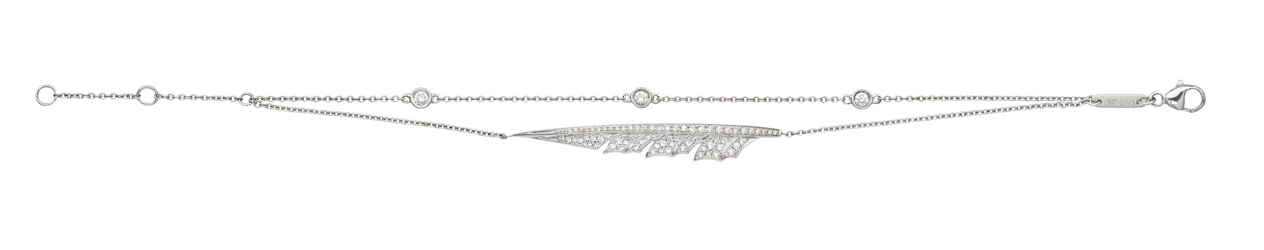 Magnipheasant Plume Chain Bracelet with White Diamonds in 18kt White Gold by Stephen Webster. Single feather element on delicate chain in 18kt white gold with pave white diamonds at 0.42ctw. Magnipheasant Plume Chain Bracelet with White Diamonds in 18kt White Gold