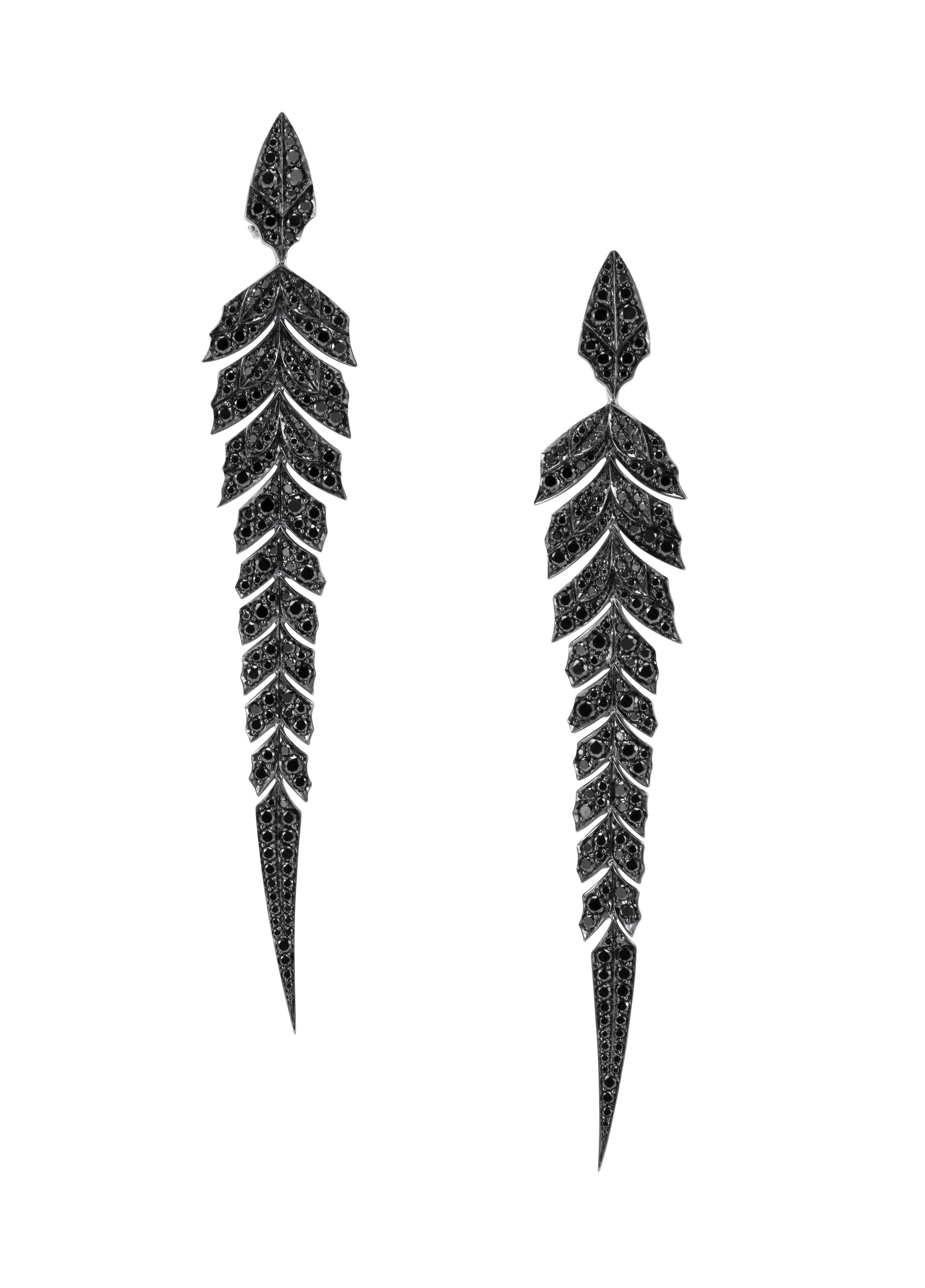 Magnipheasant Tail Feather Long Drop Earrings with Black Diamonds in 18kt White Gold by Stephen Webster. Longer feather dangle earrings in 18kt white gold with black diamond pave at 1.99ctw. Magnipheasant Tail Feather Long Drop Earrings with Black Diamonds in 18kt White Gold