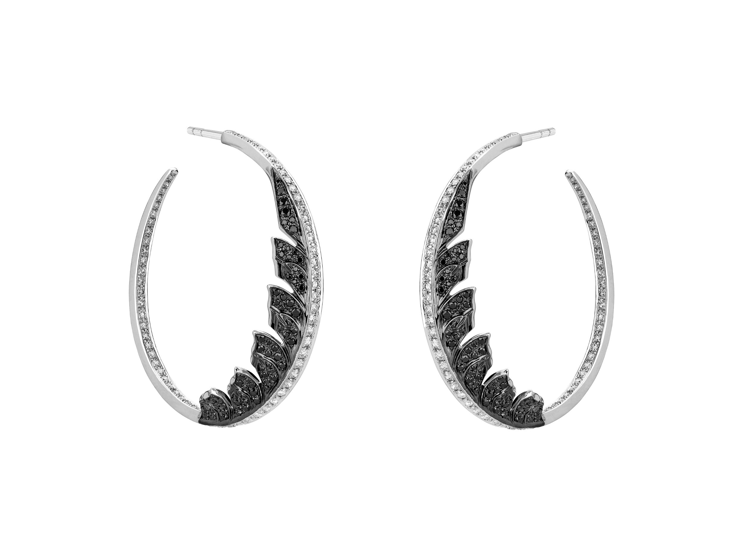 Magnipheasant Plume Hoop Earrings with Black Diamonds in 18kt White Gold