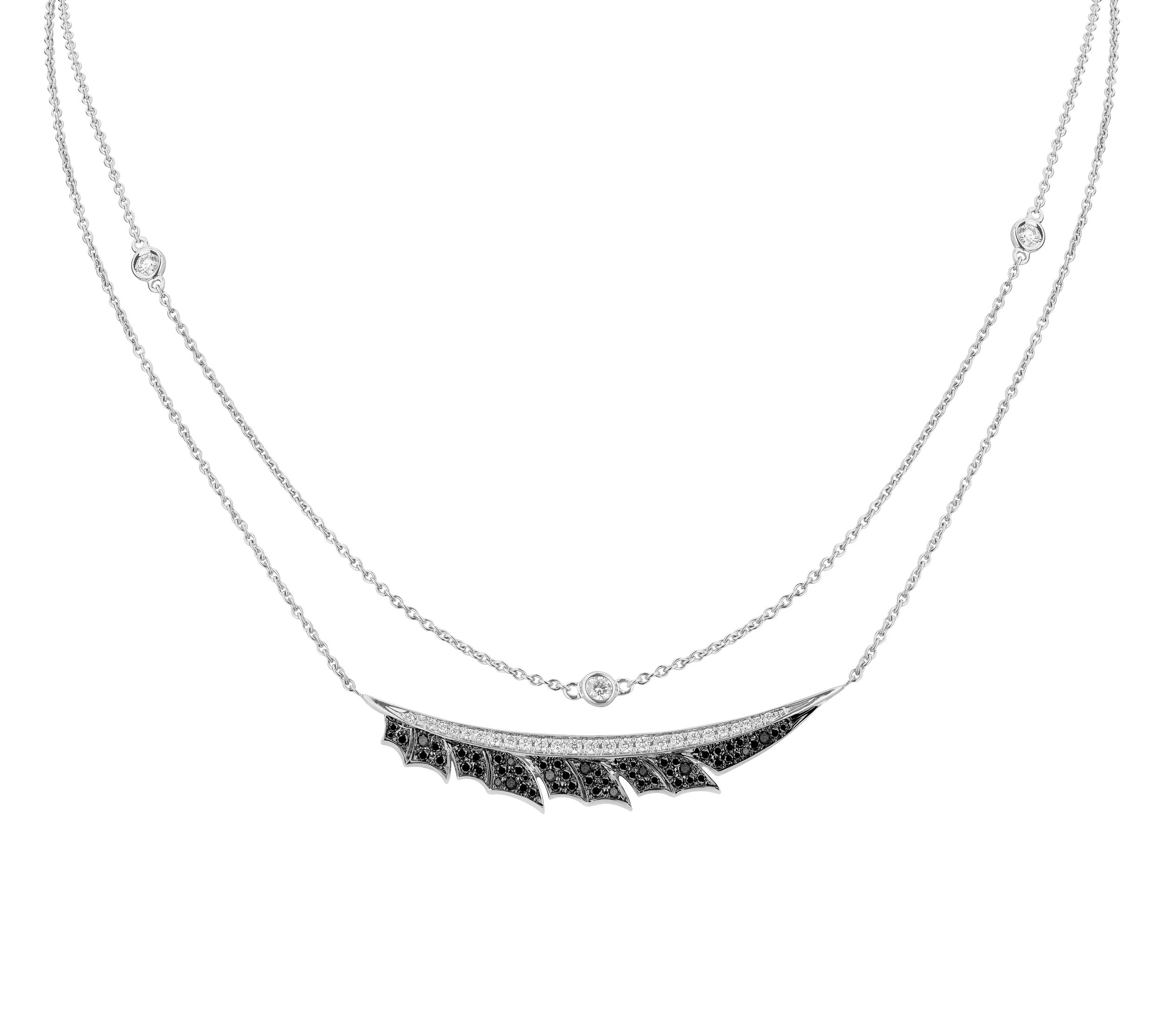 Magnipheasant Plume Chain Necklace with Black Diamonds in 18kt White Gold