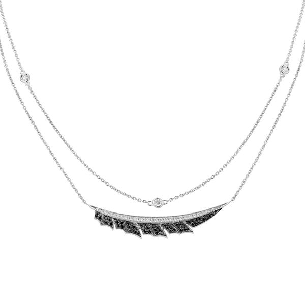 Closeup photo of Magnipheasant Plume Chain Necklace with Black Diamonds in 18kt White Gold