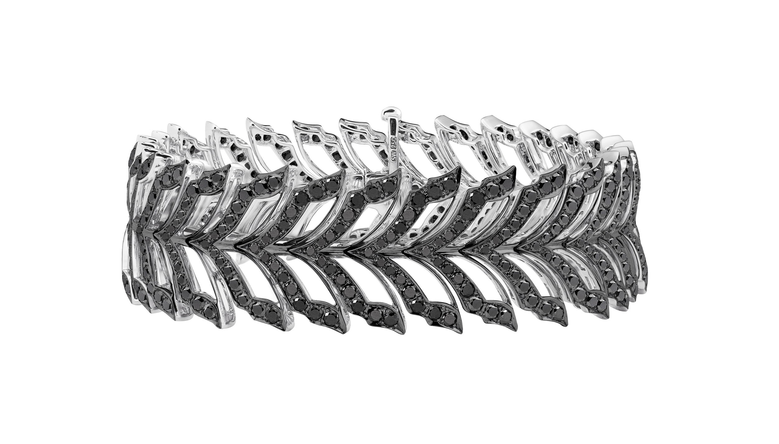Magnipheasant Open Plume Linked Bracelet with Black Diamonds in 18kt White Gold by Stephen Webster. Feather linked bracelet in 18kt white gold with black diamond pave at 5.46ctw. Magnipheasant Open Plume Linked Bracelet with Black Diamonds in 18kt White Gold