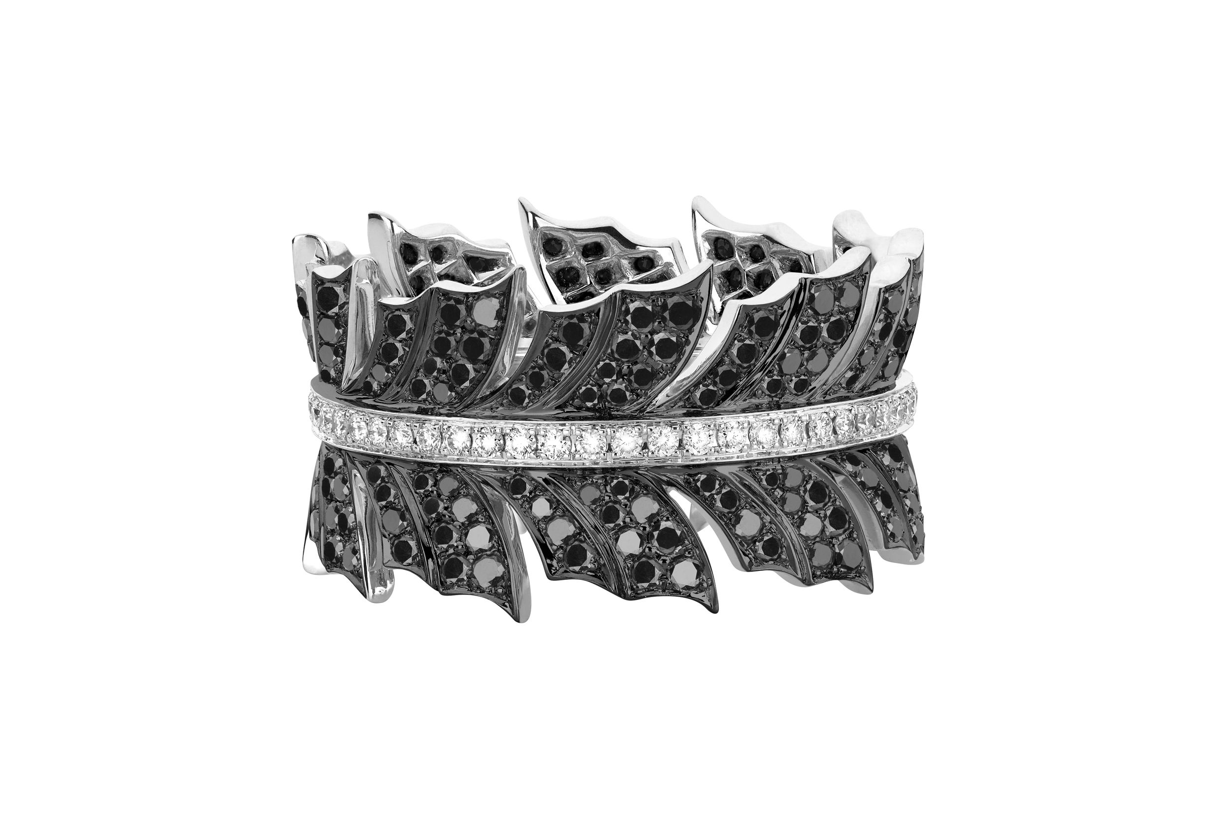Magnipheasant Eternal Plume Band Ring with Black Diamonds in 18kt White Gold - Size 6 by Stephen Webster. Wider feather ring in 18kt white gold with 1.20ctw of black diamond pave on the feather and 0.32ctw of white diamond pave on the spine. Magnipheasant Eternal Plume Band Ring with Black Diamonds in 18kt White Gold - Size 6