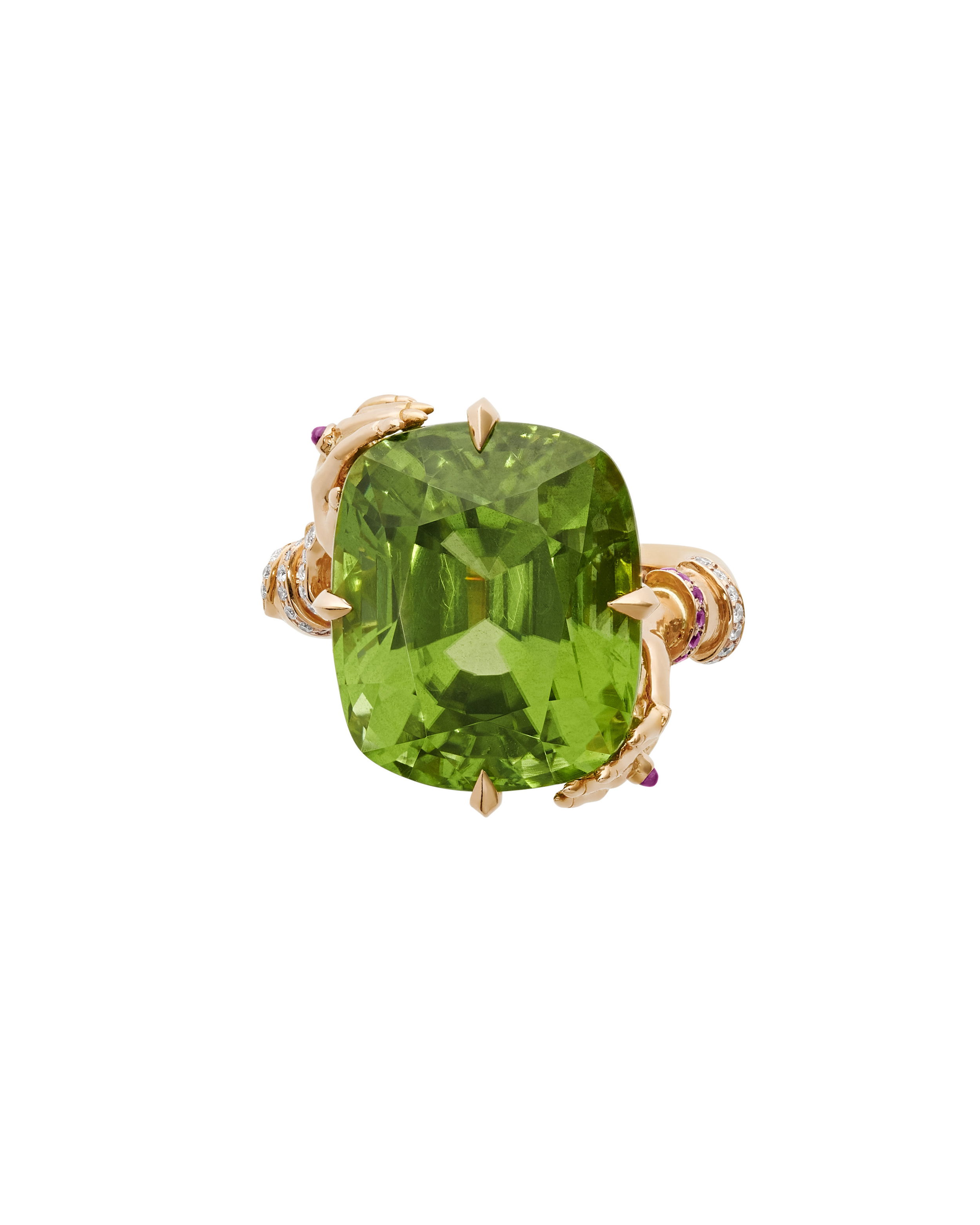 The Rebelles Double Dutch Ring with Peridot in 18kt Rose Gold - Size 7 by Stephen Webster. The ReBelles - Double Dutch - 18kt rose gold, central Peridot 17.61ct with diamond surround and diamond jewelry snake 0.28ct, ruby 0.32ct 5/10 Inspired by Mata Hari, the rumored double agent working for both sides during the Great War. Set in 18kt Rose Gold with a central Peridot surround by Diamonds, with a jeweled snake set with Diamonds, Rubies and Pink Sapphires and gold tassels. Limited production of 10 per design. Each piece is numbered and engraved with DOUBLE DUTCH. The Rebelles Double Dutch Ring with Peridot in 18kt Rose Gold - Size 7