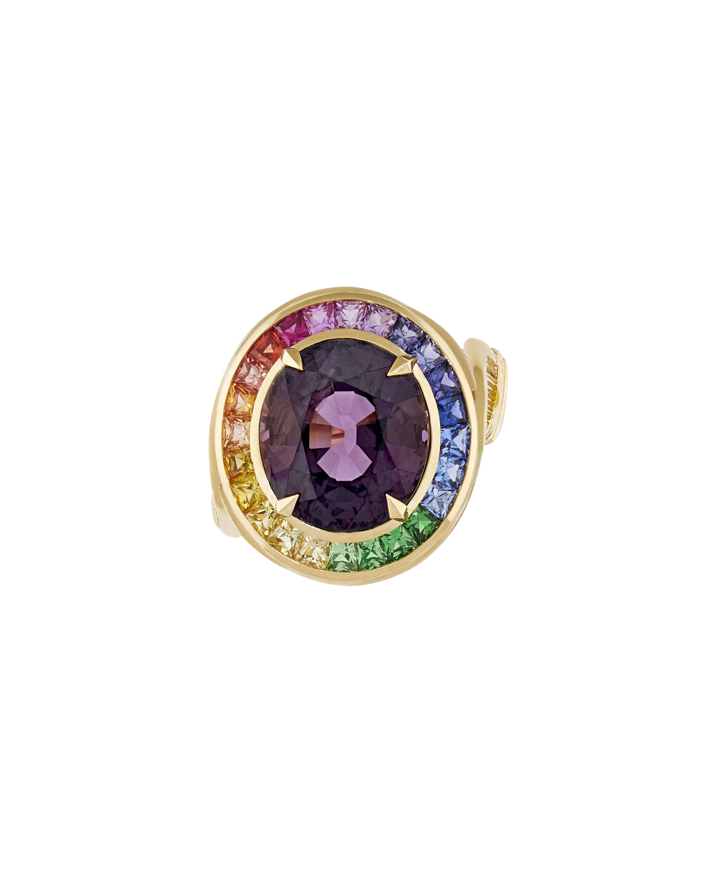 The Rebelles Joie de Vivre Ring with Lilac Spinel in 18kt Yellow Gold - Size 7 by Stephen Webster. The ReBelles - Joie de Vivre - 18K yellow gold, central lilac spinel 6.60ct, a rainbow of square sapphires 1.58ct and Tsavorites 0.28ct, and graduated rainbow enamel. 5/10 Influenced by Marsha P Johnson, a transgender woman of color in 1960s NYC. Set in 18ct Yellow Gold with a central Lilac Spinel, with a rainbow of square cut Sapphires, Tsavorites and Enamel detailing. Limited production of 10 per design. Each piece is numbered and engraved with JOIE DE VIVRE. The Rebelles Joie de Vivre Ring with Lilac Spinel in 18kt Yellow Gold - Size 7