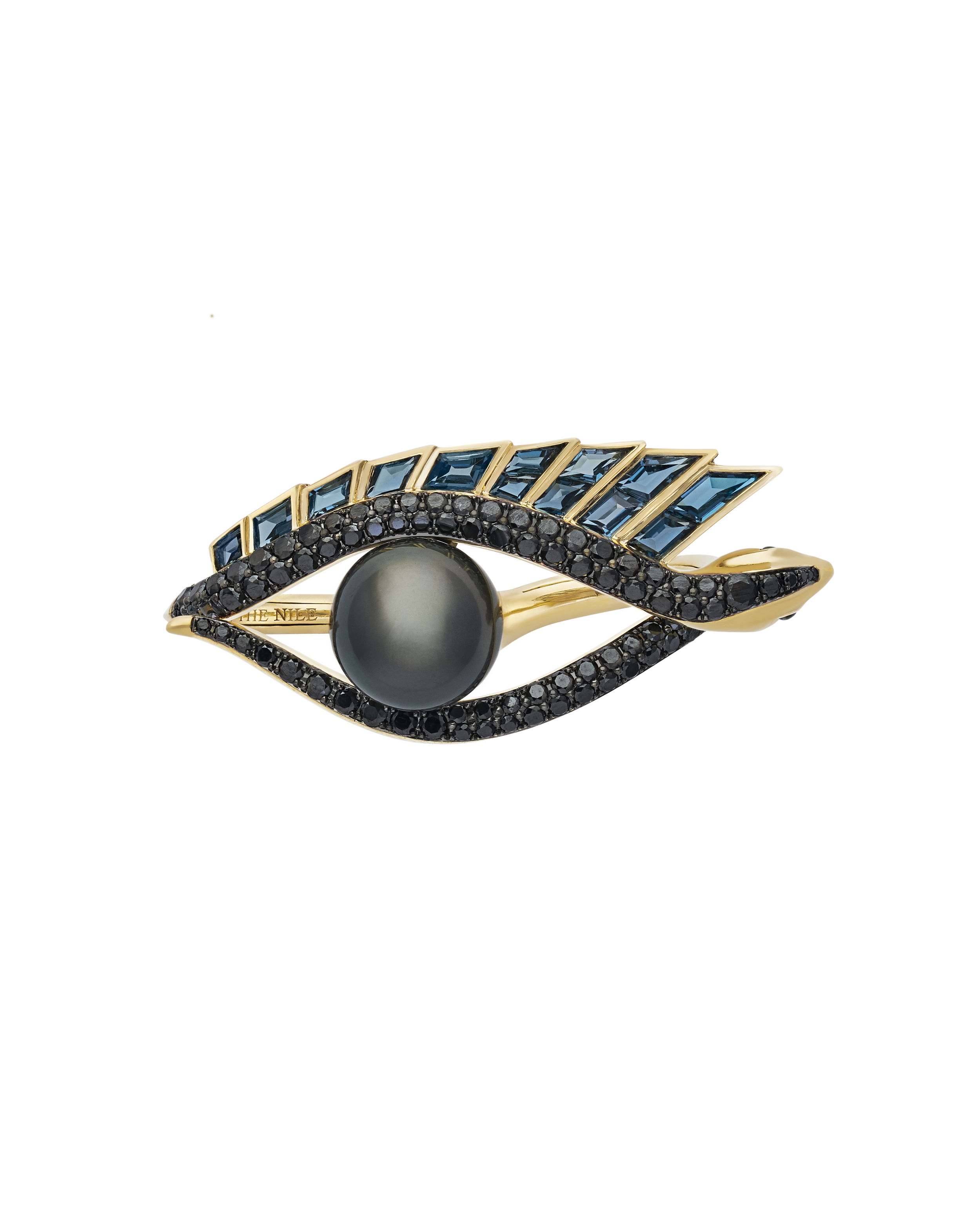 The Rebelles Love on the Nile Two Finger Ring with Black Pearl and Topaz in 18kt Yellow Gold - Size 8/7 by Stephen Webster. The ReBelles - Love on the Nile - 18kt Yellow gold ring set with round black diamond (87pcs/2.42ctw), London blue topaz baguette (13pcs/5.56ctw), green Tsavorites (4pcs/0.11ctw) and Tahiti Round Pearl Size 8/7. Engraving: 7/10 - LOVE ON THE NILE Limited Edition 6-10. Takes inspiration from two legendary women, Cleopatra and Elizabeth Taylor, known for their seductive powers. Set in 18kt Yellow Gold with a central Tahitian Pearl, Black Diamonds, London Blue Topaz Baguettes and green Tsavorites. Limited production of 10 per design. Each piece is numbered and engraved with LOVE ON THE NILE. The Rebelles Love on the Nile Two Finger Ring with Black Pearl and Topaz in 18kt Yellow Gold - Size 8/7