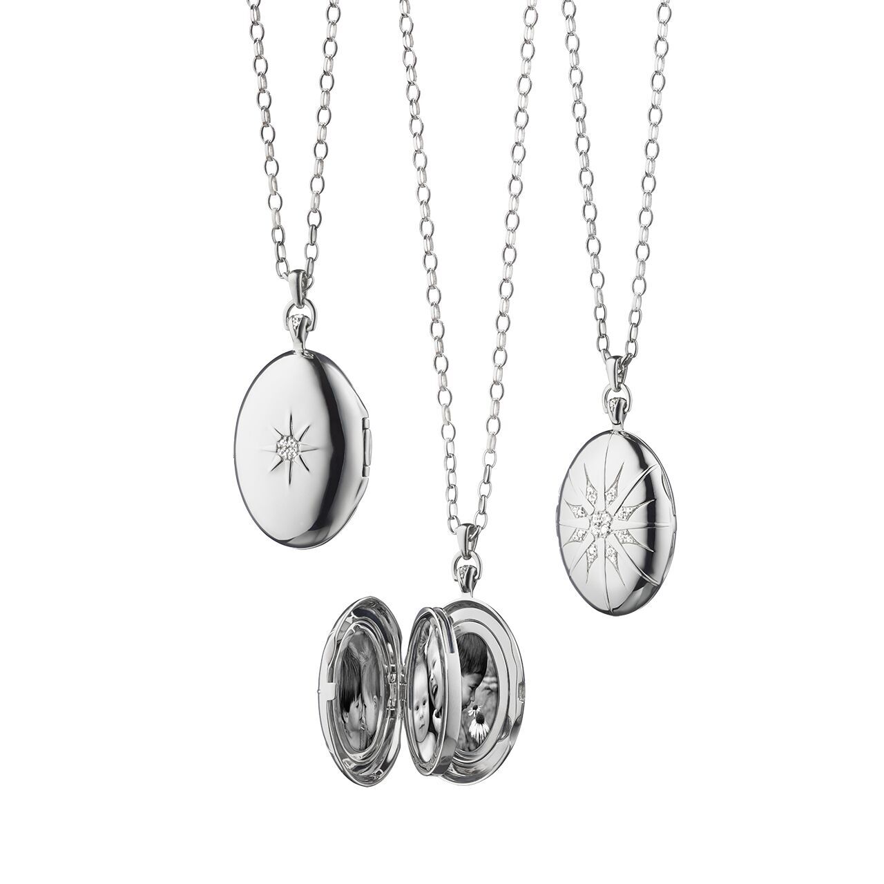 This awe-inspiring sterling silver four-image locket brought to you by Monica Rich Kosann brings modern elegance. It features a conversation-starting white sapphire star and comes with a 32" small belcher chain. Four-image Sapphire Star Locket