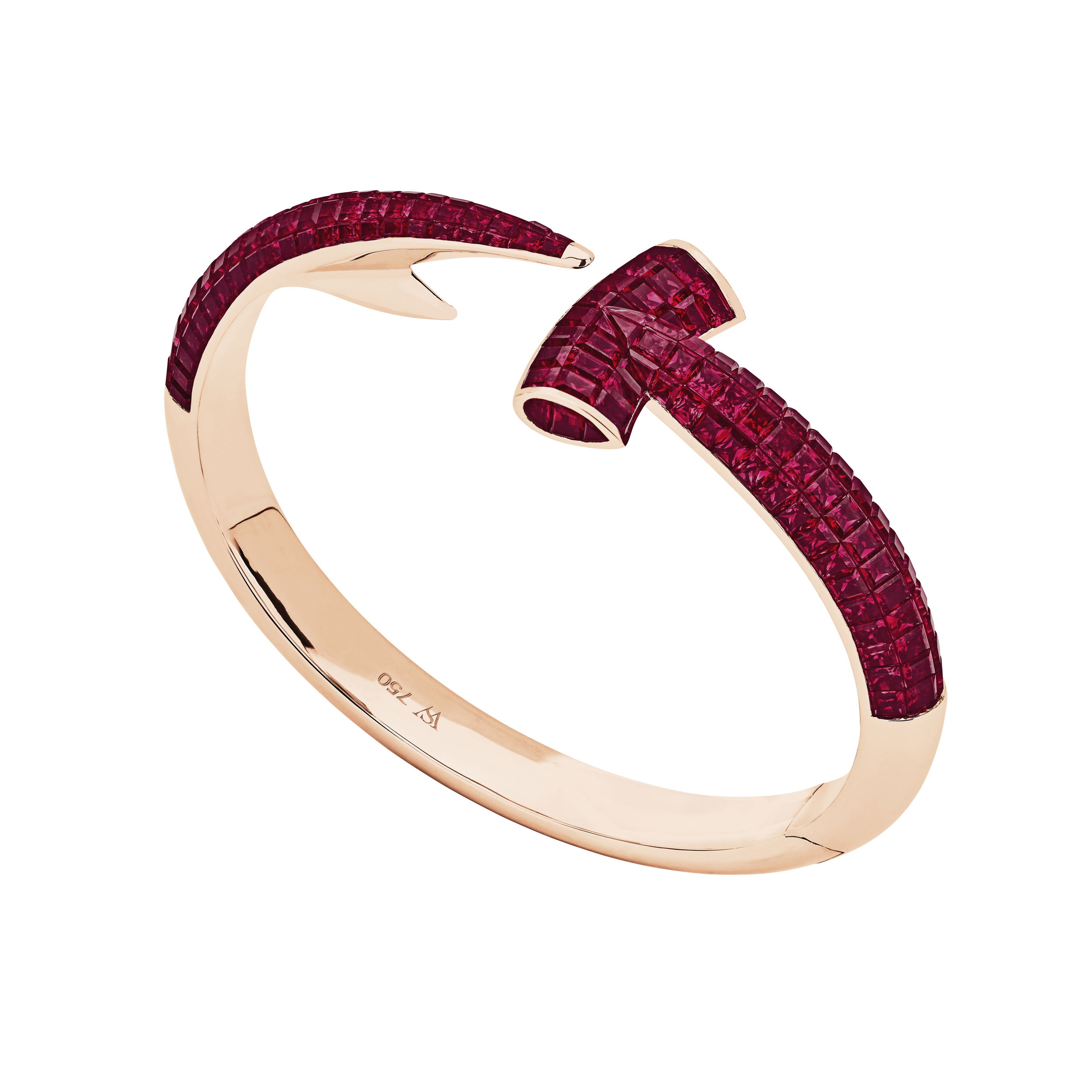 Hammerhead Jewels Verne Bangle Bracelet with Rubies in 18kt Rose Gold by Stephen Webster. Hinged bangle bracelet with square cut invisibly set rubies at 16.24ctw set in 18kt rose gold. Hammerhead Jewels Verne Bangle Bracelet with Rubies in 18kt Rose Gold