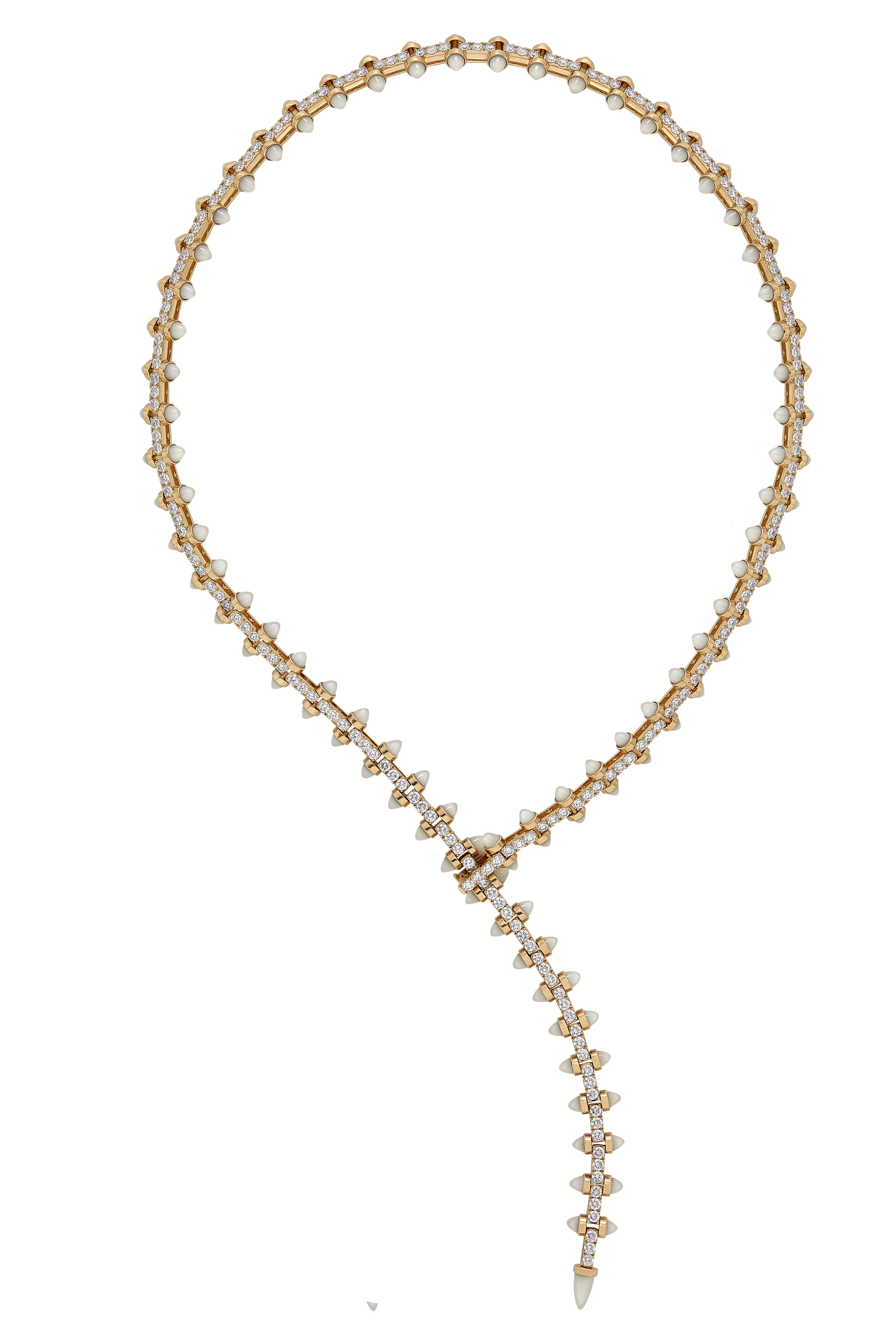 No Regrets Russian Roulette Magazine Necklace with Mother of Pearl in 18kt Yellow Gold by Stephen Webster. Adjustable lariat necklace in 18kt yellow gold with bullet shaped white Mother of Pearl at 31.79ctw and white diamonds at 9.01ctw. No Regrets Russian Roulette Magazine Necklace with Mother of Pearl in 18kt Yellow Gold