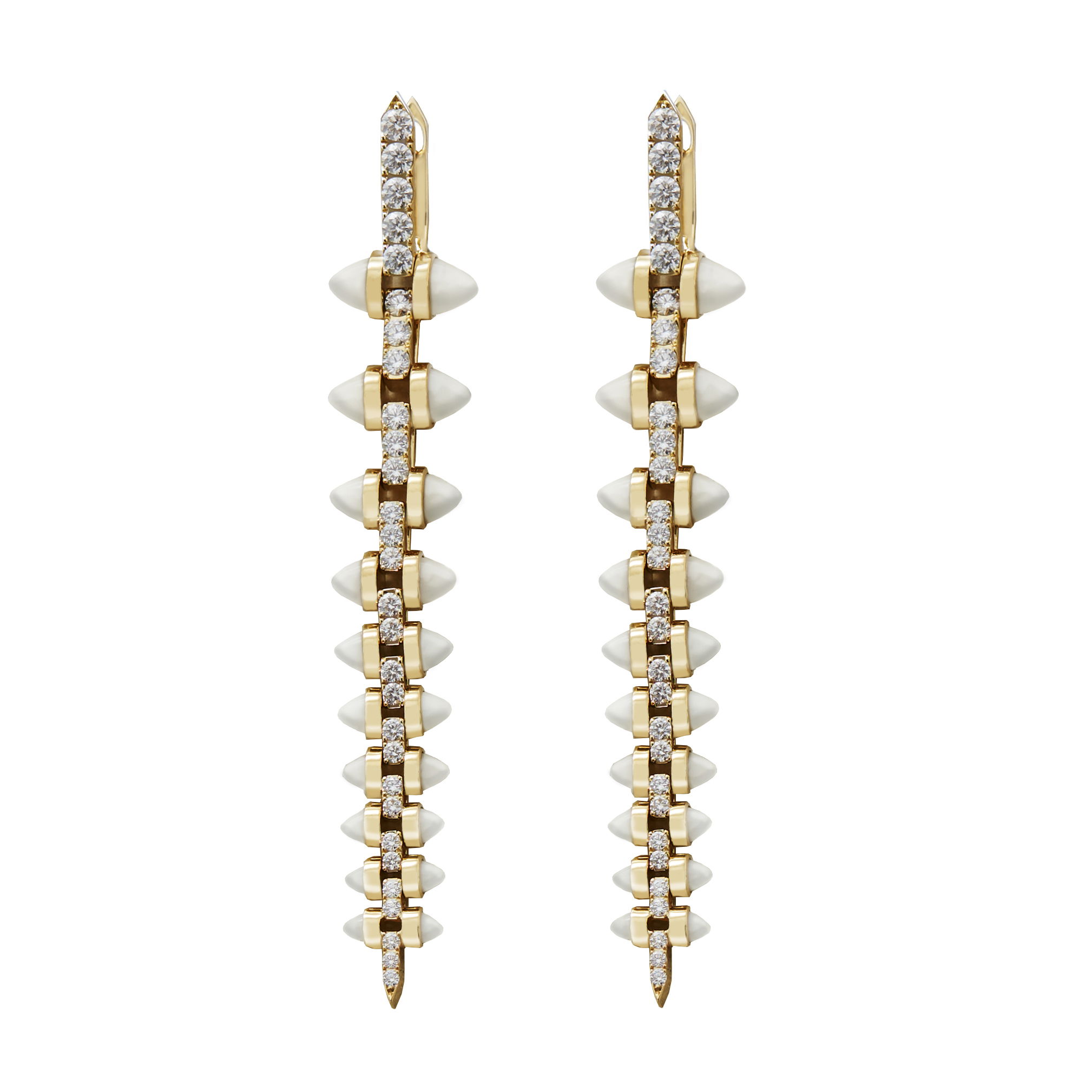 No Regrets Russian Roulette Stiletto Earrings with Mother of Pearl in 18kt Yellow Gold