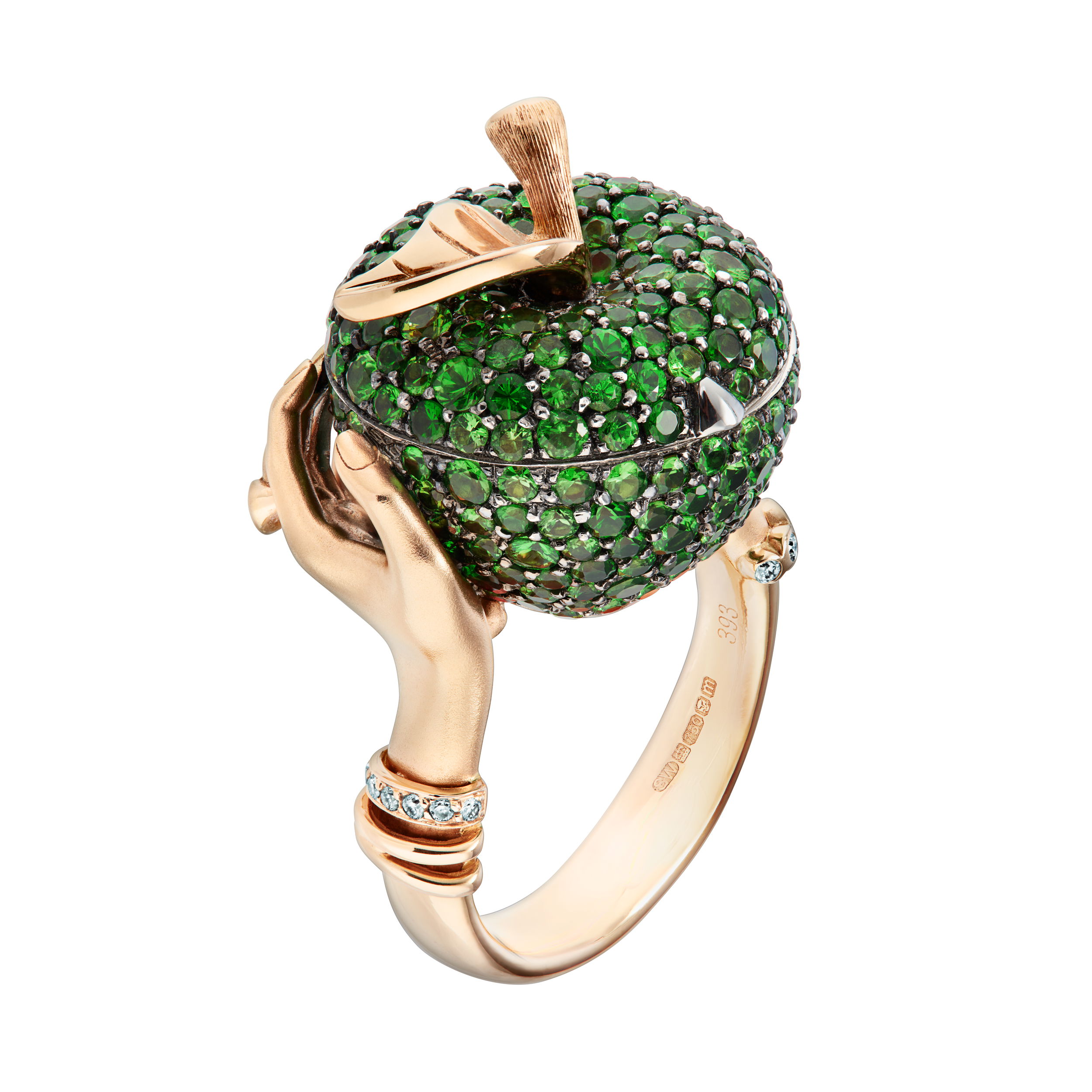No Regrets Murder She Wrote Large Poison Apple Ring with Tsavorite in 18kt Rose Gold - Size 7 by Stephen Webster. Statement poison ring in 18kt rose gold, white diamond pave 0.13ct, 18k white gold black rhodium plated with tsavorite pave 5.58cts apple, shank and hands with brushed finish. Jewellery and plain jewelry on hands with polished rose gold engraved leaf and stalk with single white diamond at the top of stalk No Regrets Murder She Wrote Large Poison Apple Ring with Tsavorite in 18kt Rose Gold - Size 7