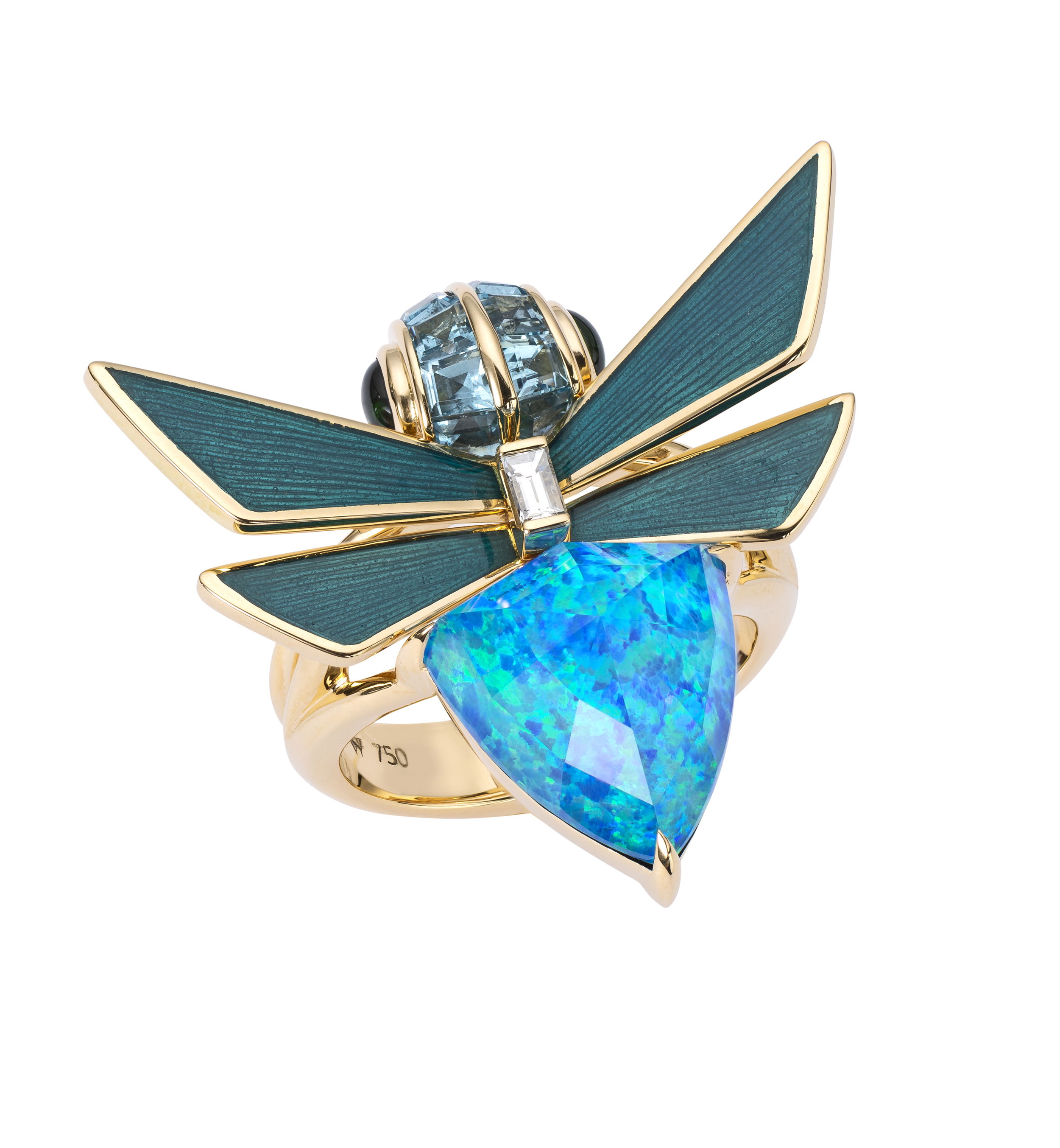 No Regrets Jitterbug Ring with Black Opalescent in 18kt Yellow Gold - Size 7 by Stephen Webster. Cocktail ring in 18kt yellow gold, black opalescent and quartz Crystal Haze 5.40ct, blue enamel, sky blue topaz baguettes 0.45ctw, round cabochon tsavorite garnet 0.34ctw and white diamond baguette 0.08ct. No Regrets Jitterbug Ring with Black Opalescent in 18kt Yellow Gold - Size 7