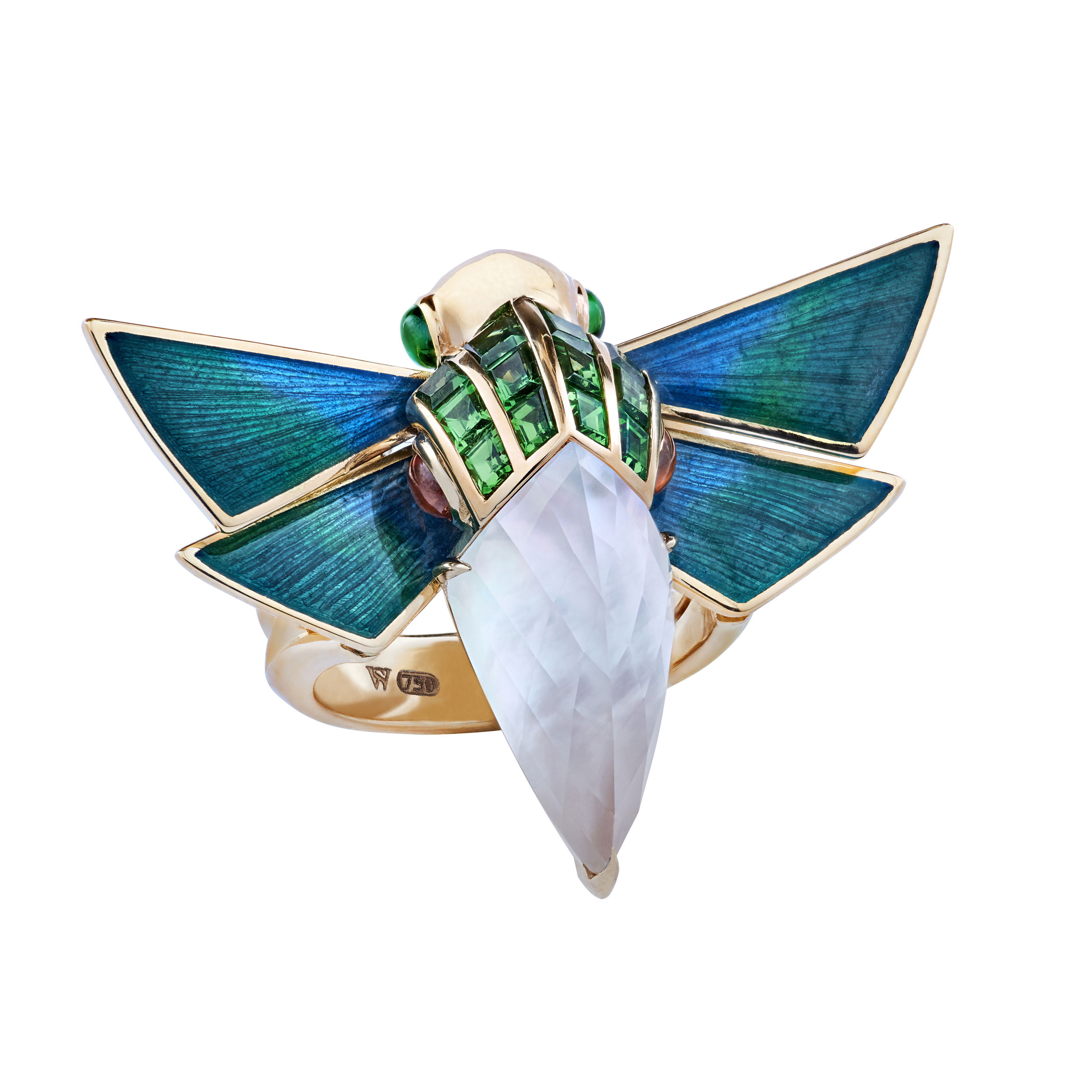 No Regrets Jitterbug Cuckoo Bee Ring with Mother of Pearl in 18kt Yellow Gold - Size 6.5 by Stephen Webster. Cocktail ring in 18k yellow gold, white mother of pearl and quartz Crystal Haze 8.86ct, green and blue enamel, baguette cut tsavorite garnet 1.21ct, round cabochon tsavorite garnet 0.31ct and round cabochon Spessartite garnets 0.45ct No Regrets Jitterbug Cuckoo Bee Ring with Mother of Pearl in 18kt Yellow Gold - Size 6.5
