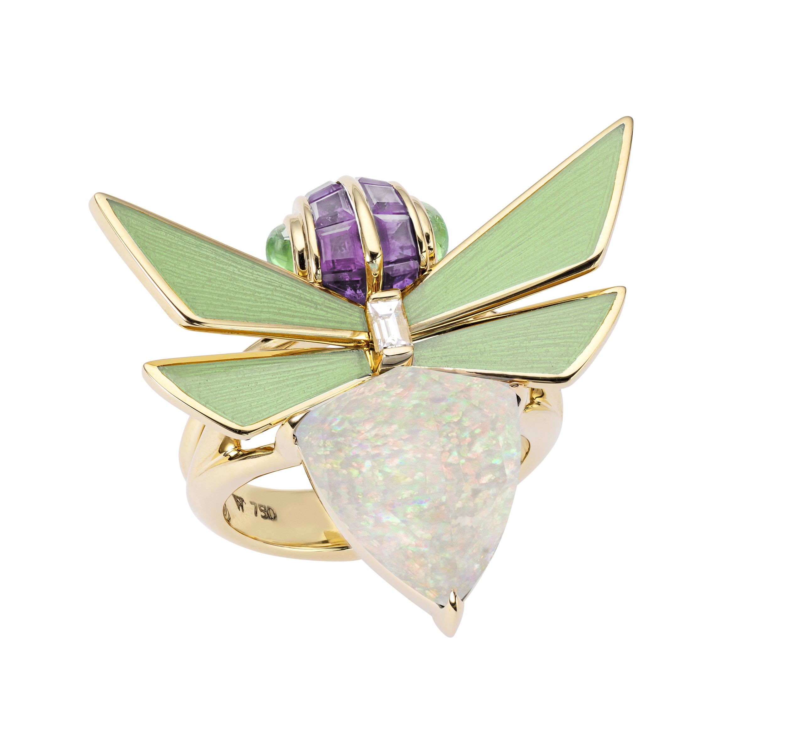 No Regrets Jitterbug Ring with White Opalescent in 18kt Yellow Gold - Size 6 by Stephen Webster. Cocktail ring in 18kt yellow gold, white opal and quartz Crystal Haze 6.00cts, white diamond baguette 0.09cts, amethyst baguettes 0.58cts, pale green tourmaline 0.36cts and light green enamel. No Regrets Jitterbug Ring with White Opalescent in 18kt Yellow Gold - Size 6