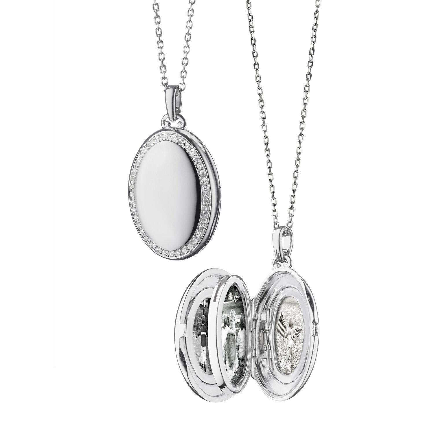 This breathtakingly beautiful sterling silver mini four-image locket brought to you by Monica Rich Kosann brings dazzling elegance. It features an alluring white sapphire stone border and comes with a 32" chain. Four-image White Sapphire Frame Locket