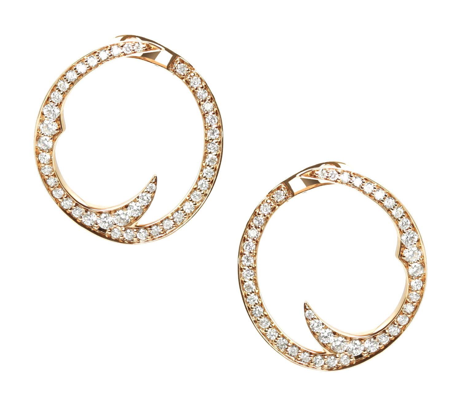 Thorn Stem Mini Hoop Earrings with White Diamonds in 18kt Rose Gold by Stephen Webster. Wrap around mini hoop earrings in 18kt rose gold with white diamond pave at 0.53ctw. Thorn Stem Mini Hoop Earrings with White Diamonds in 18kt Rose Gold