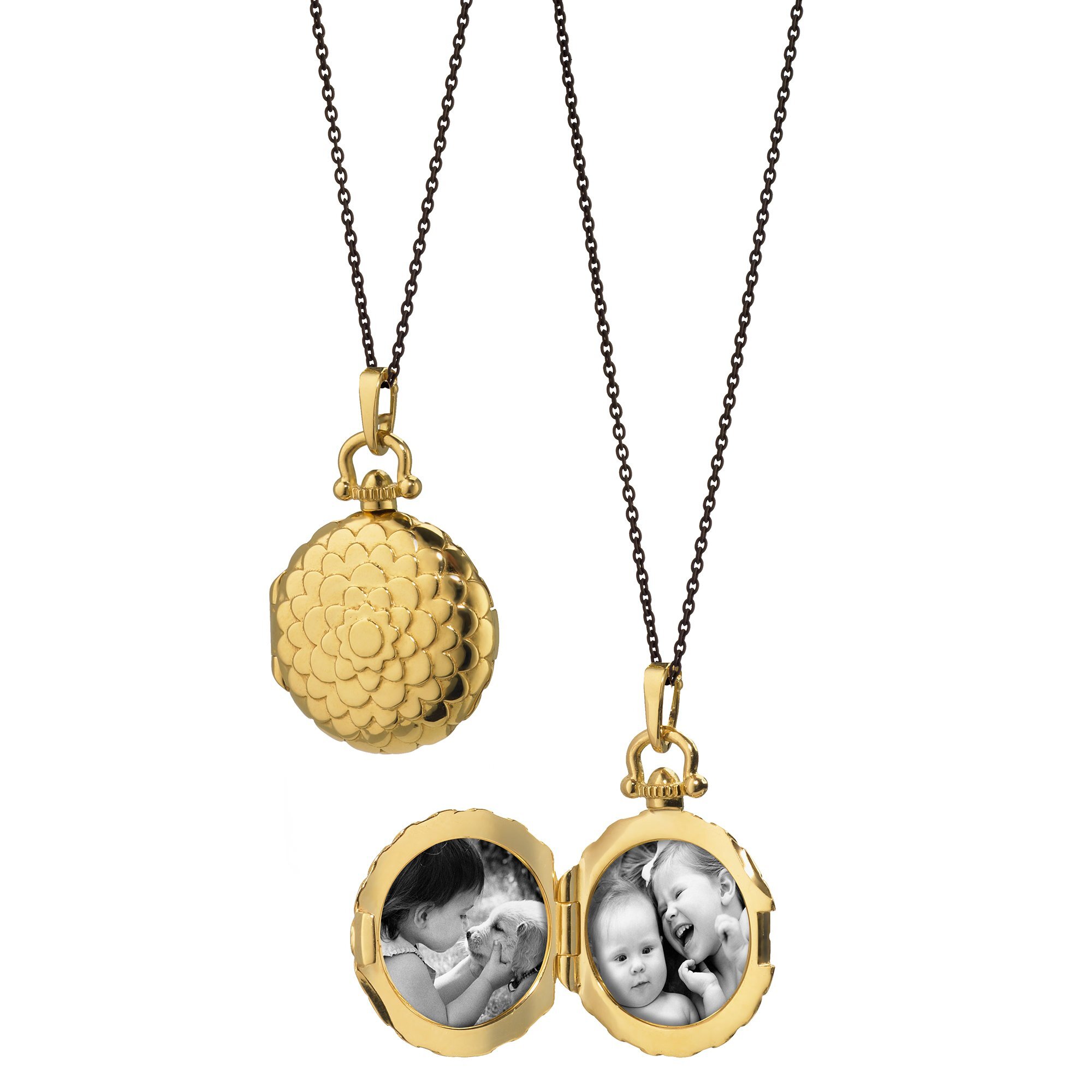 This conversation-starting 18K yellow gold high polish petite scallop locket brought to you by Monica Rich Kosann brings unrivaled elegance. It comes with a 30" black steel chain. Scallop Locket