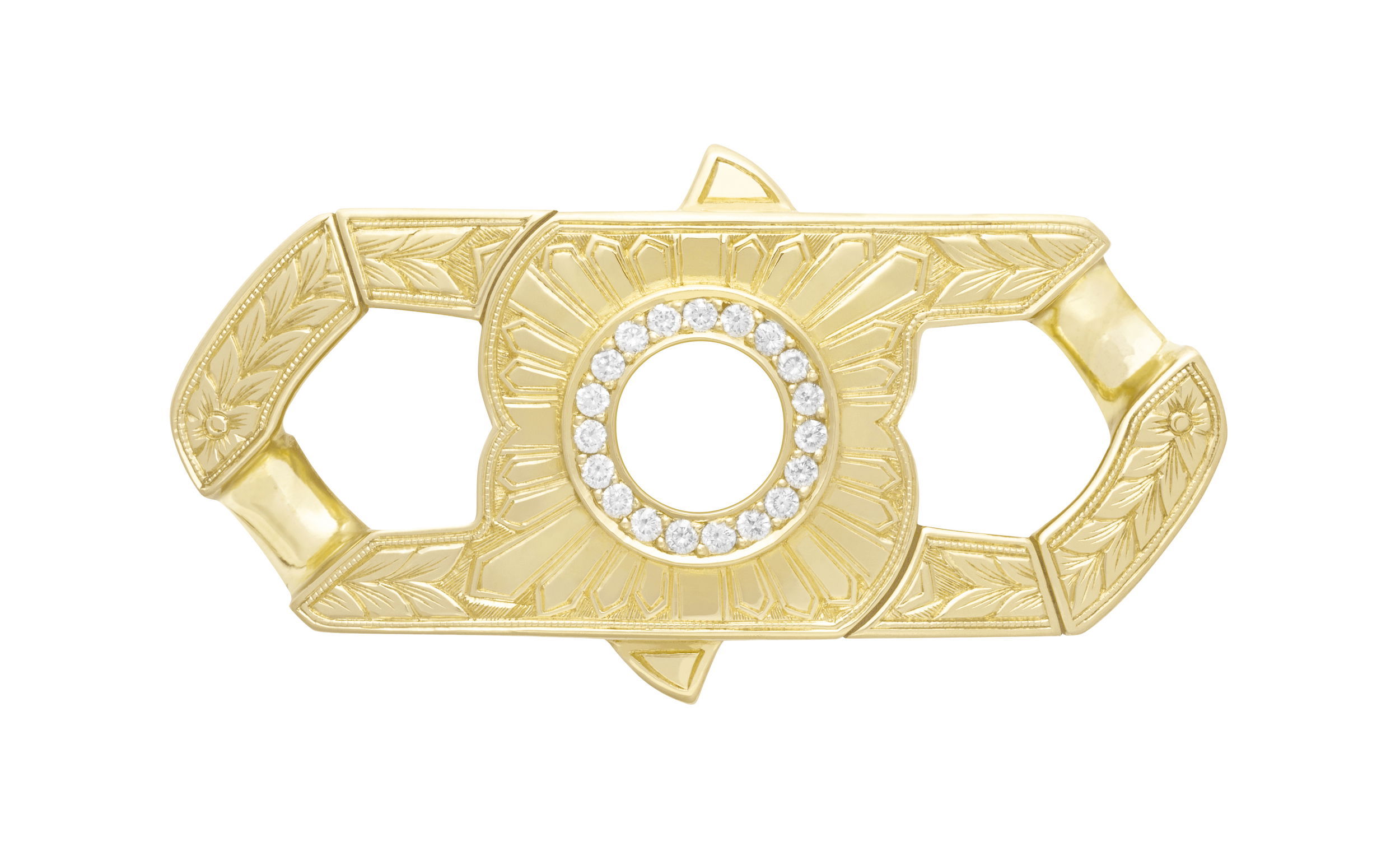 England Made Me Churchill Bracelet Clasp with Mother of Pearl and White Diamonds in 18kt Yellow Gold - 18mm by Stephen Webster. Fully engraved 18kt yellow gold with white mother of pearl inlay at 1.55ct and white diamond pave at 0.27ctw. Made to fit the 18mm Cuban bracelets sold separately. England Made Me Churchill Bracelet Clasp with Mother of Pearl and White Diamonds in 18kt Yellow Gold - 18mm