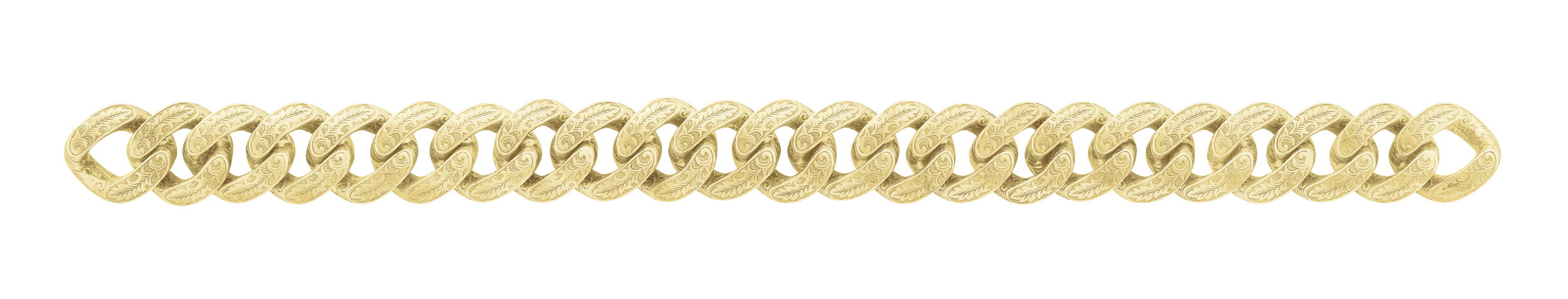 England Made Me Cuban Leaf Wide Curb Link Bracelet in 18kt Yellow Gold - 13mm - 7" Long by Stephen Webster. Hand engraved 18ktyellow gold Cuban leaf curb bracelet at 13mm wide and measuring 7 inches long. The bracelet fits with several clasps purchased separately. England Made Me Cuban Leaf Wide Curb Link Bracelet in 18kt Yellow Gold - 13mm - 7" Long