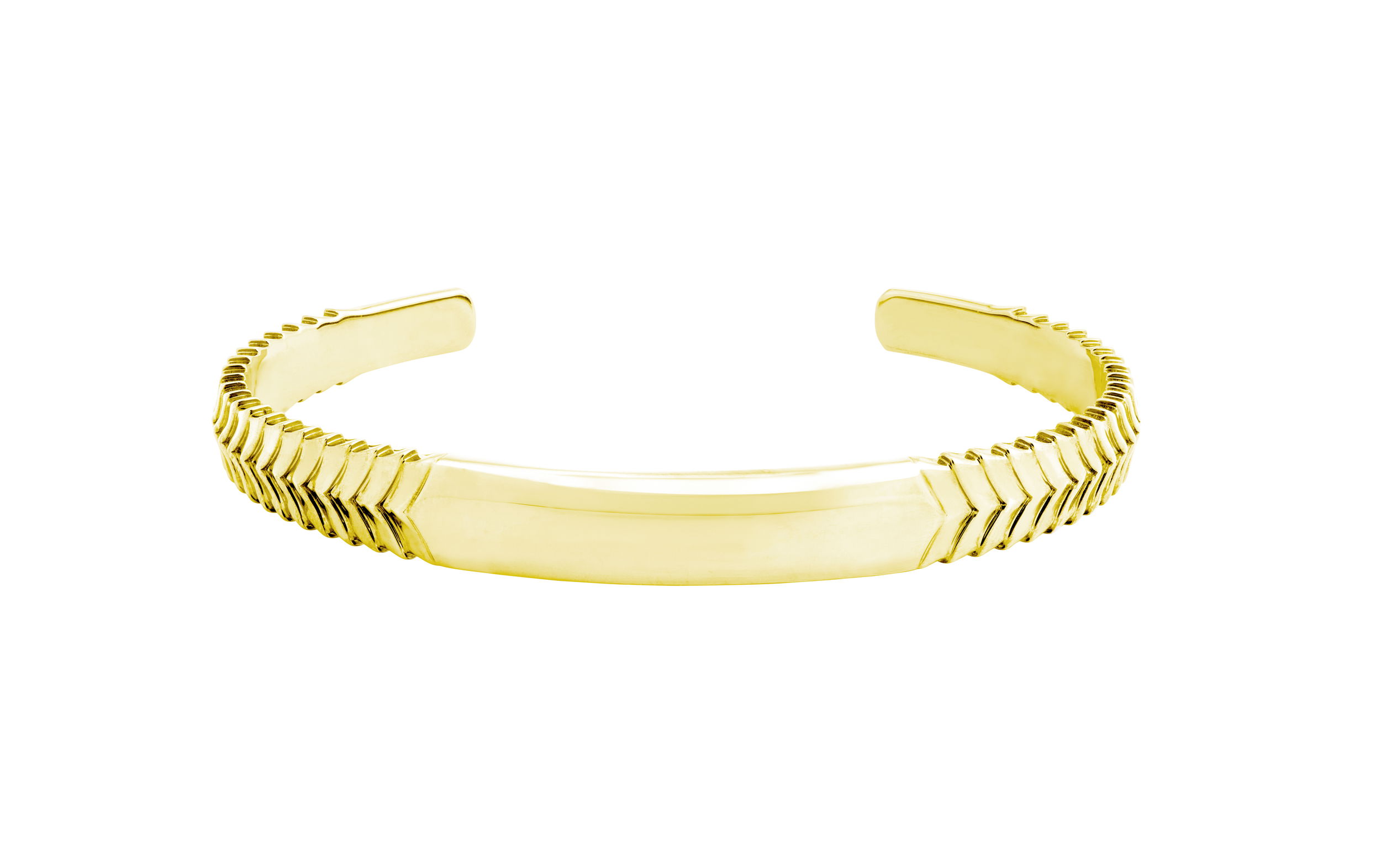 England Made Me Herringbone Torque Cuff Bangle in 14kt Yellow Gold by Stephen Webster. Unisex cuff bracelet with herringbone engraving created in 14kt yellow gold. The bracelet measures 68mm by 56mm. England Made Me Herringbone Torque Cuff Bangle in 14kt Yellow Gold