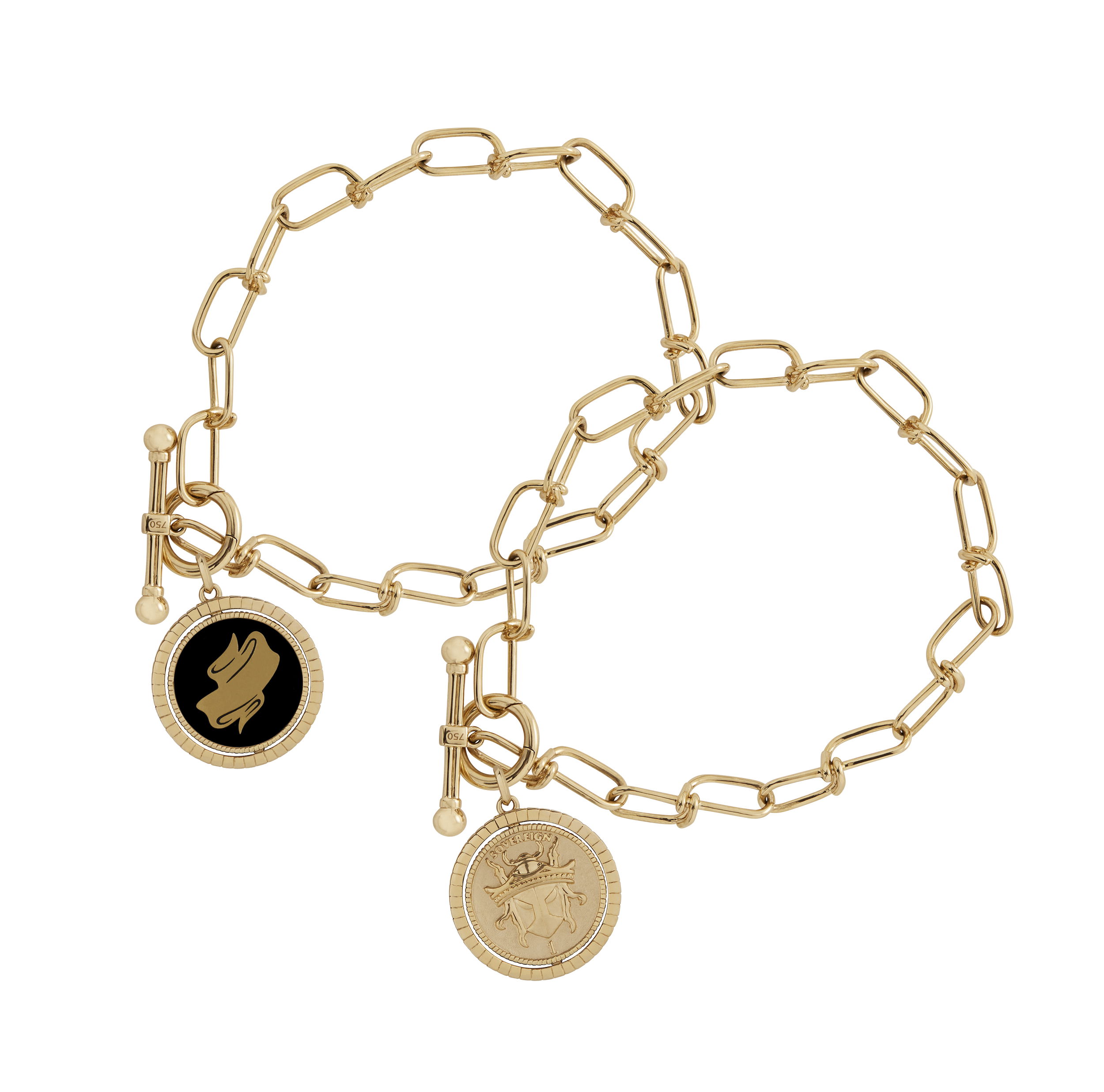 Flipside Bracelet with Black Enamel in 18kt Yellow Gold - 8" Long by Stephen Webster. Barbed wire linked bracelet in 18kt yellow gold with medallion containing black ceramic inlay. Flipside Bracelet with Black Enamel in 18kt Yellow Gold - 8" Long