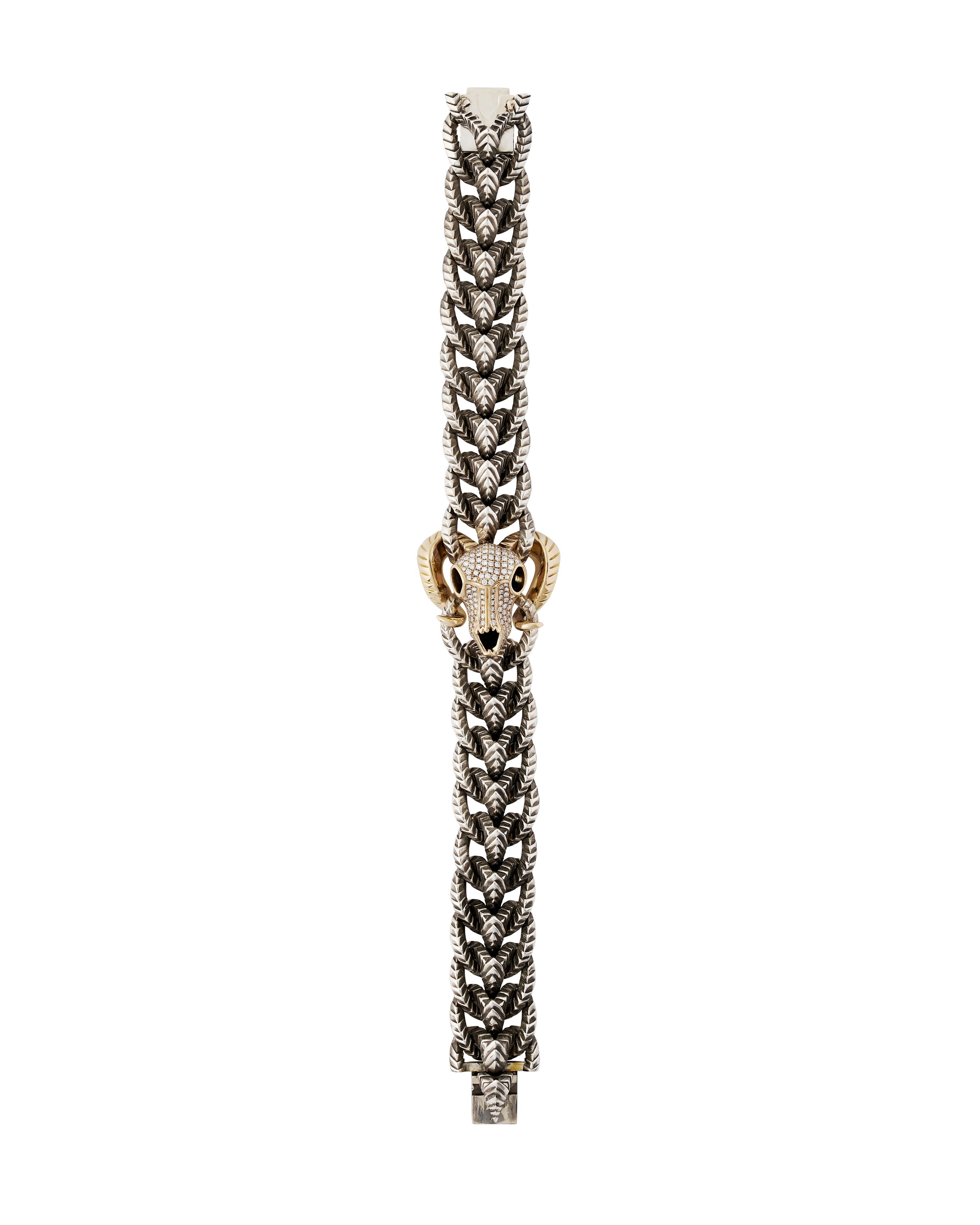 Beasts Of London Ram's Head Bracelet with White Diamonds in Sterling Silver and 18kt Yellow Gold - 8" Long