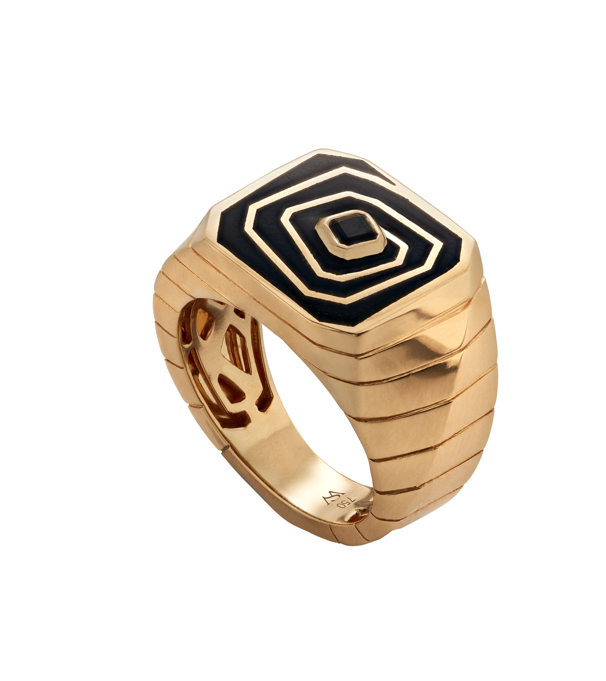 Vertigo Loosing Perspective Ring with Black Spinel in 18kt Yellow Gold - Size 7 by Stephen Webster. This unisex ring in 18kt yellow gold is set with a 0.17ct black spinel. Vertigo Loosing Perspective Ring with Black Spinel in 18kt Yellow Gold - Size 7