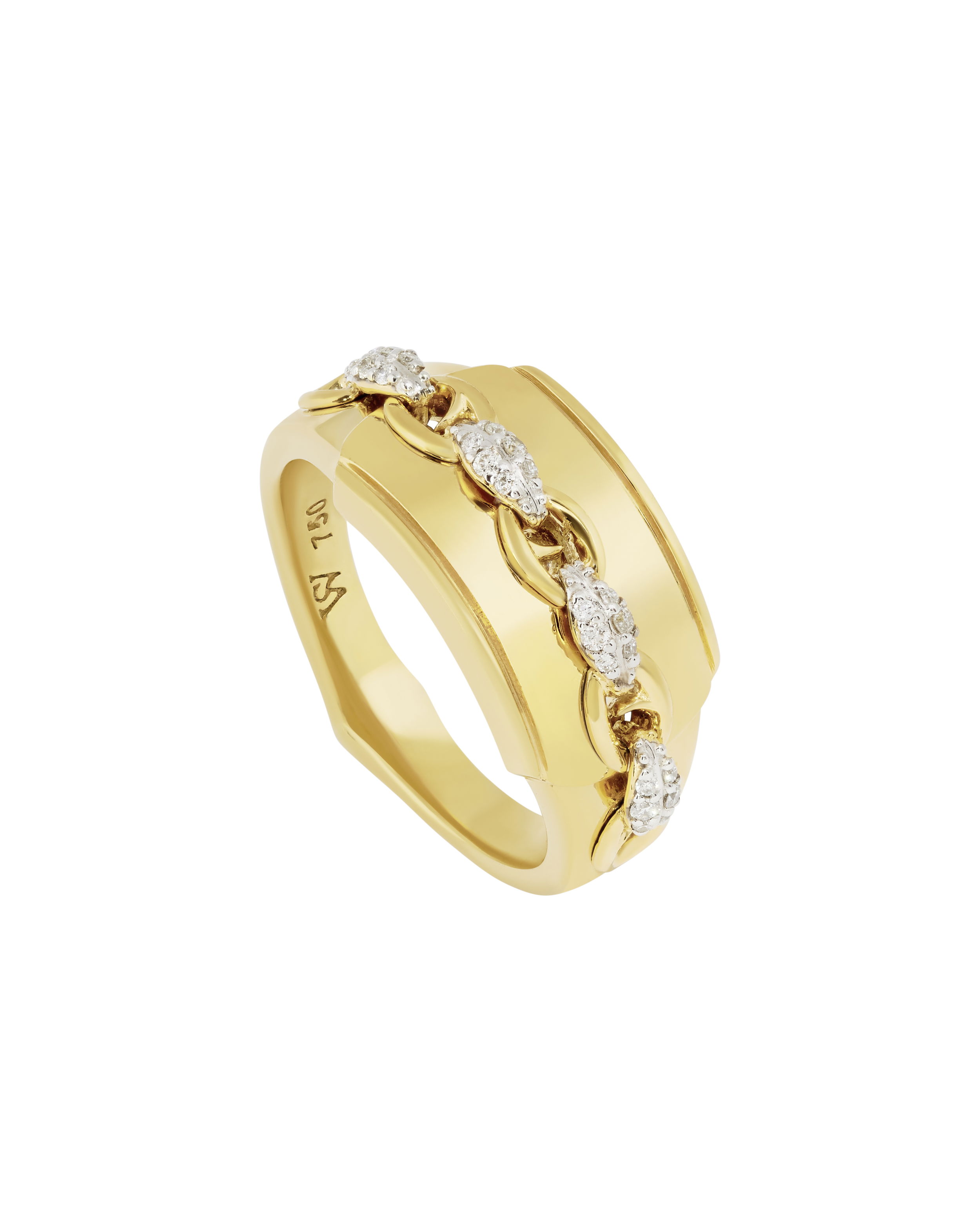 Thorn Addiction Blade of Glory Pinky Ring with White Diamonds in 18kt Yellow Gold - Size 7 by Stephen Webster. Wider 18kt yellow gold band set with a thorn chain link at the center and set with pave white diamonds at 0.10ctw. Thorn Addiction Blade of Glory Pinky Ring with White Diamonds in 18kt Yellow Gold - Size 7