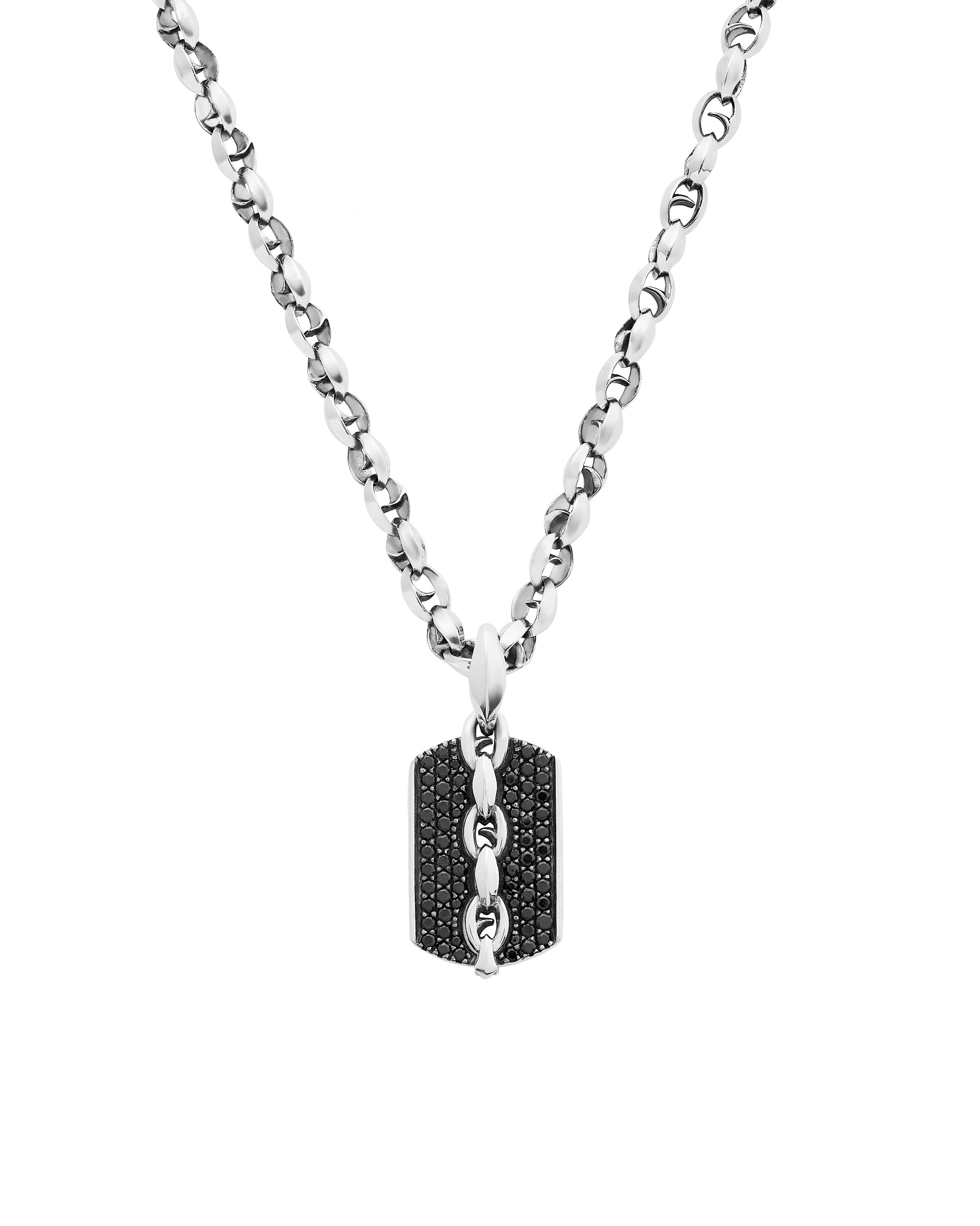 Thorn Addiction Razer Tag Medium Pendant Necklace with Black Sapphire in Sterling Silver - 19" by Stephen Webster. Linked necklace with a medium thorn razer tag pendant with black sapphire pave at 0.69ctw on one side and engraved with the thorn motif on the other. The pendant hangs from a 19 inch long small link chain in sterling silver. Thorn Addiction Razer Tag Medium Pendant Necklace with Black Sapphire in Sterling Silver - 19"