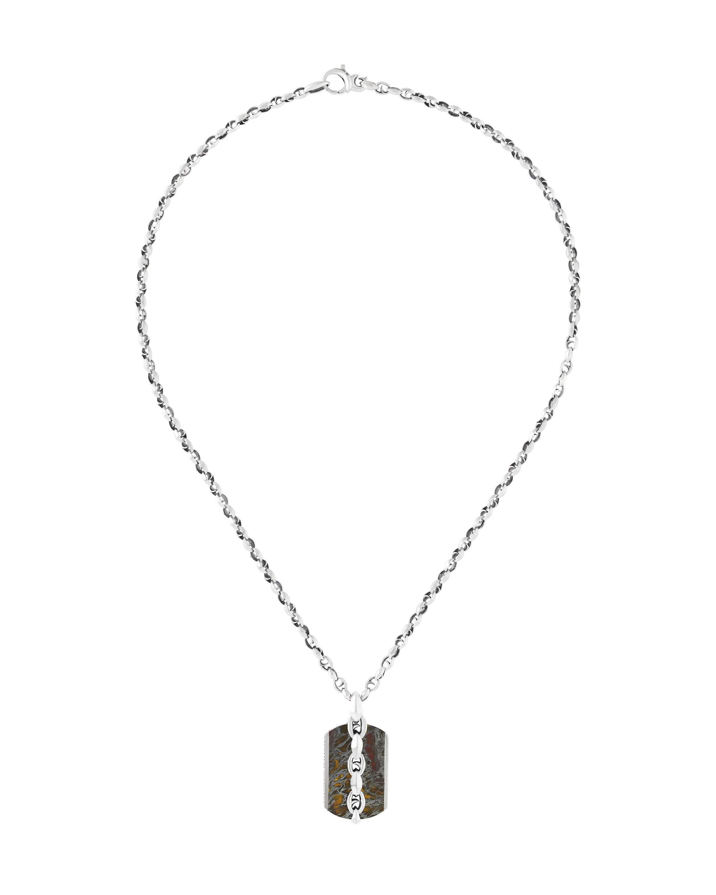Thorn Addiction Razer Tag Large Pendant Necklace with Tiger's Iron in Sterling Silver - 19" by Stephen Webster. Linked necklace with a large thorn razer tag pendant inlayed with Tiger's Iron on one side and engraved with the thorn motif on the other. The pendant hangs from a 19 inch long small link chain in sterling silver. Thorn Addiction Razer Tag Large Pendant Necklace with Tiger's Iron in Sterling Silver - 19"