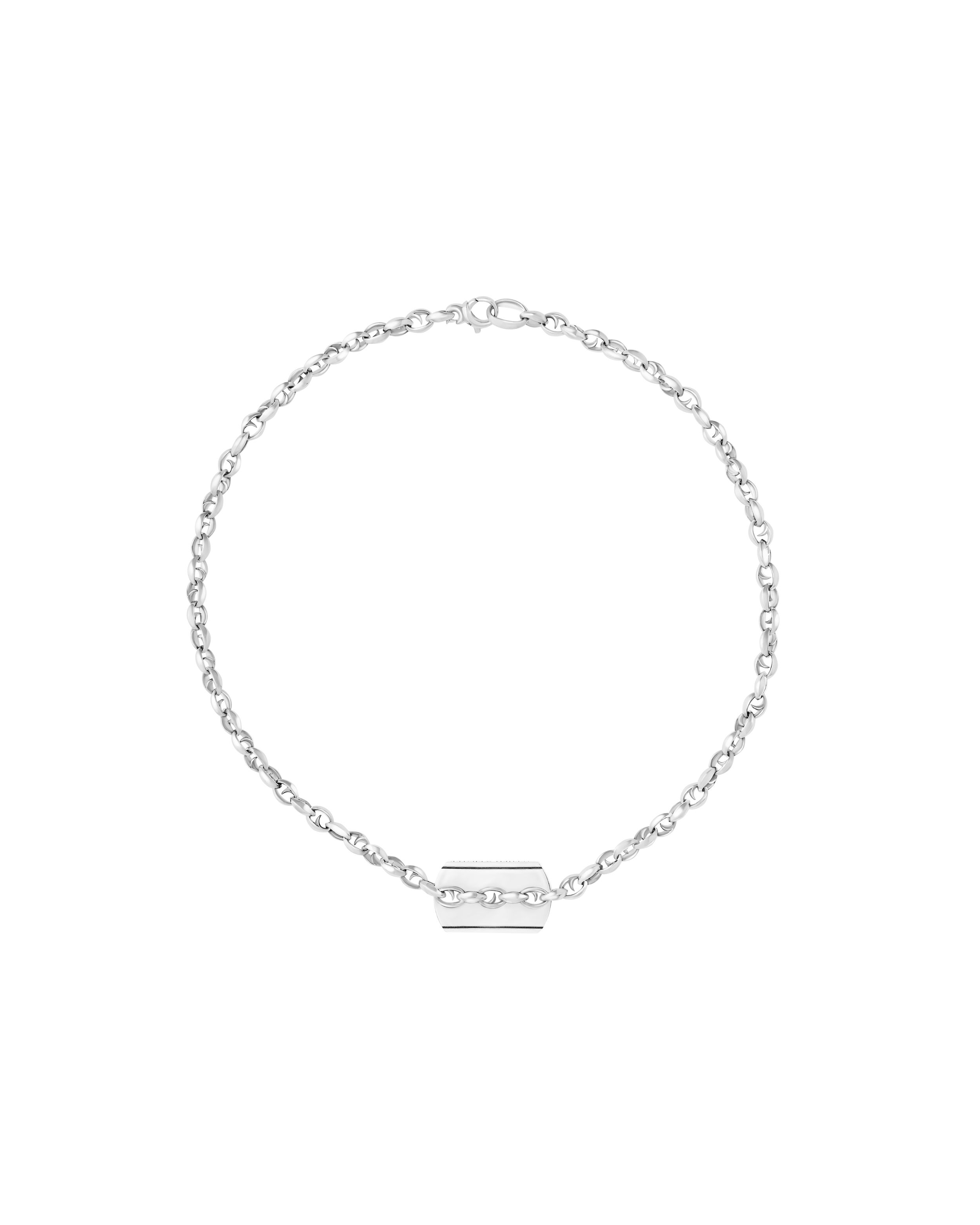 Thorn Addiction Inline Razer Tag Necklace with Thorn Engraving in Sterling Silver - 18" by Stephen Webster. Linked necklace with inline razer tag fully engraved. The necklace measures 18 inches long. Thorn Addiction Inline Razer Tag Necklace with Thorn Engraving in Sterling Silver - 18"