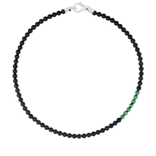 Closeup photo of Thorn Addiction Bead Necklace with Matte Black Onyx and Malachite in Sterling Silver - 20"