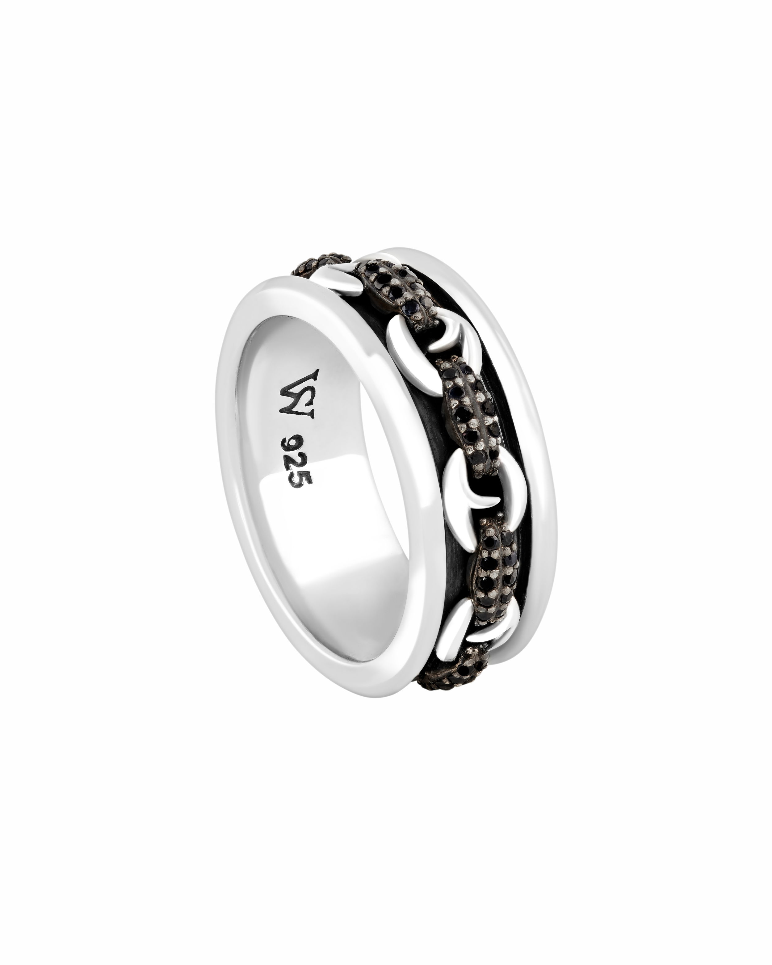 Thorn Addiction Classic Link Spinning Band Ring with Black Sapphire in Sterling Silver - Size 10 by Stephen Webster. Sterling silver spinning ring with black sapphire pave links at the center. Thorn Addiction Classic Link Spinning Band Ring with Black Sapphire in Sterling Silver - Size 10
