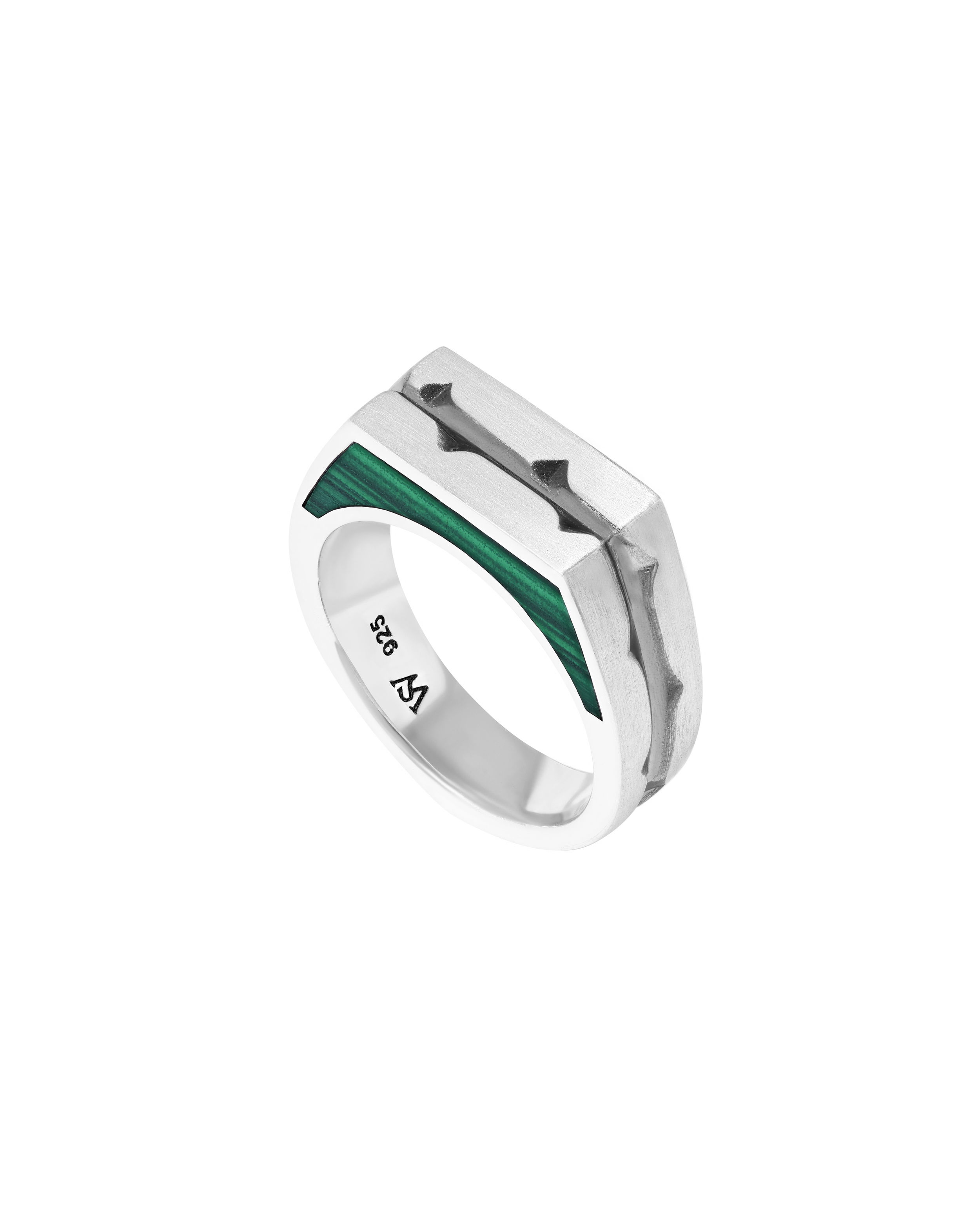 Thorn Addiction Inscription Inlay Signet Ring with Malachite in Sterling Silver - Size 10