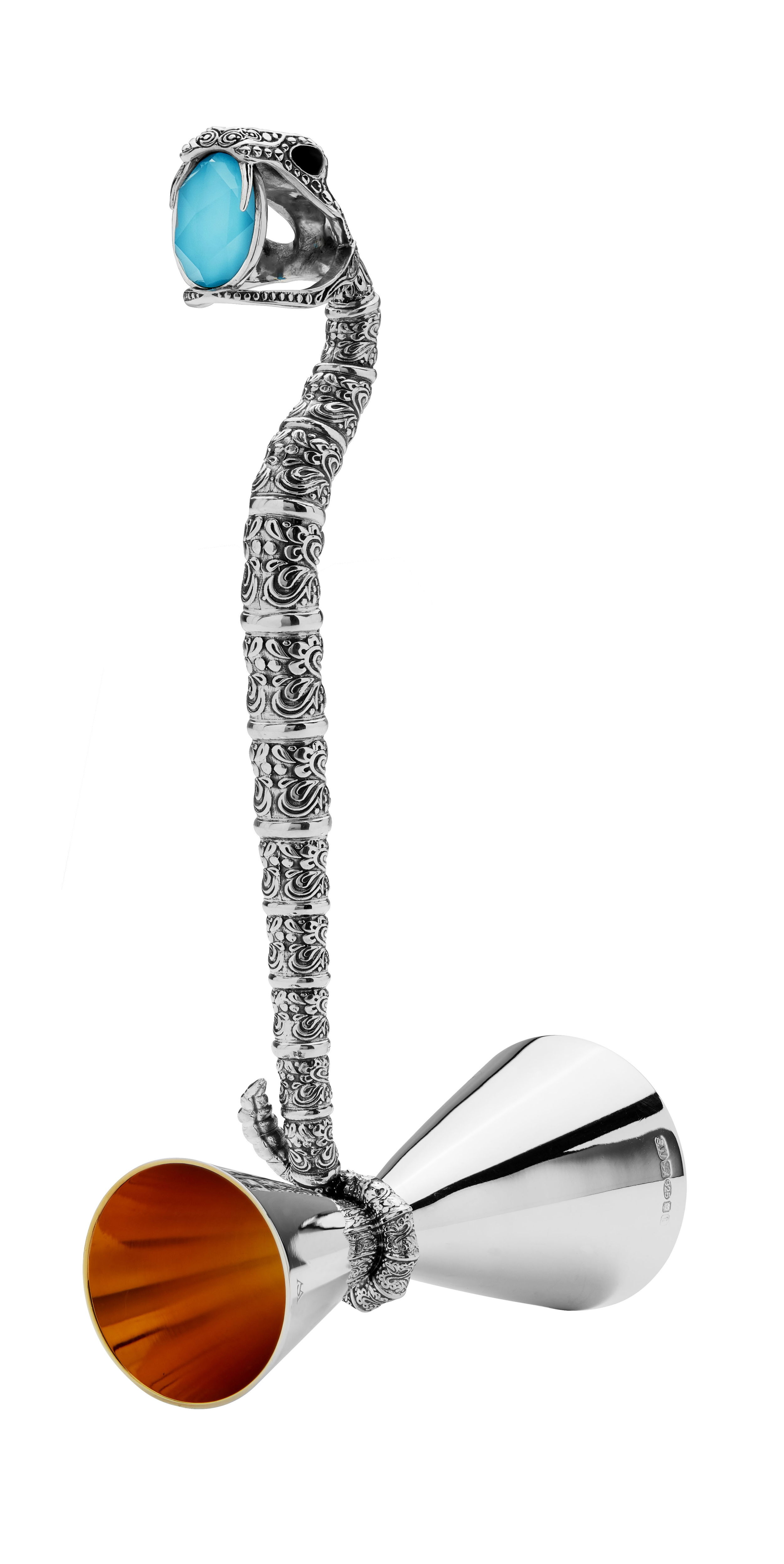 Tequila Lore Snake Measurer in Sterling Silver by Stephen Webster. Sterling silver measure with snake skull handle with an oval Crystal Haze turquoise accent. Tequila Lore Snake Measurer in Sterling Silver