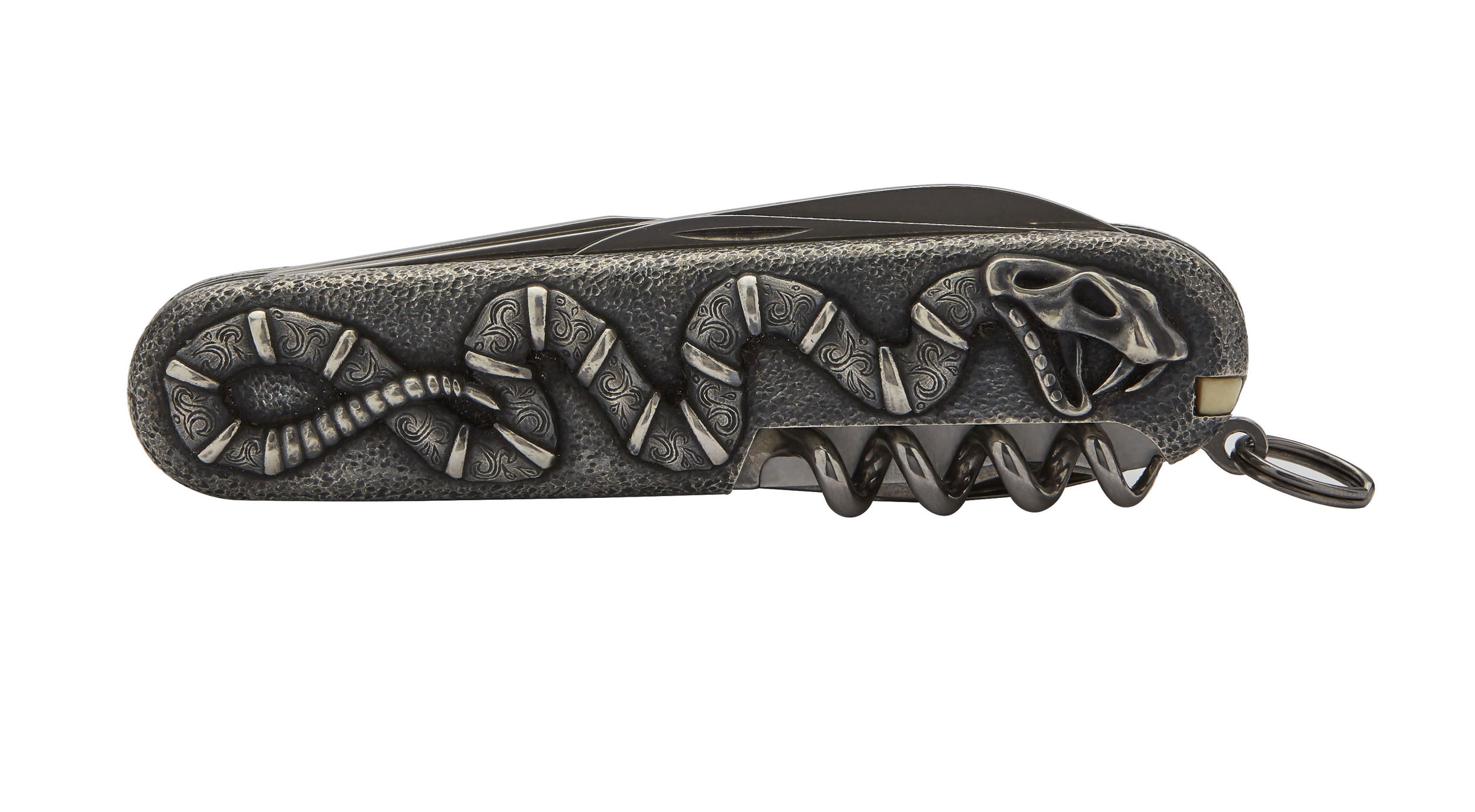 Tequila Lore Snake Swiss Army Knife in Sterling Silver and Stainless Steel by Stephen Webster. Sterling silver snake engraved handle with stainless steel blades. Tequila Lore Snake Swiss Army Knife in Sterling Silver and Stainless Steel