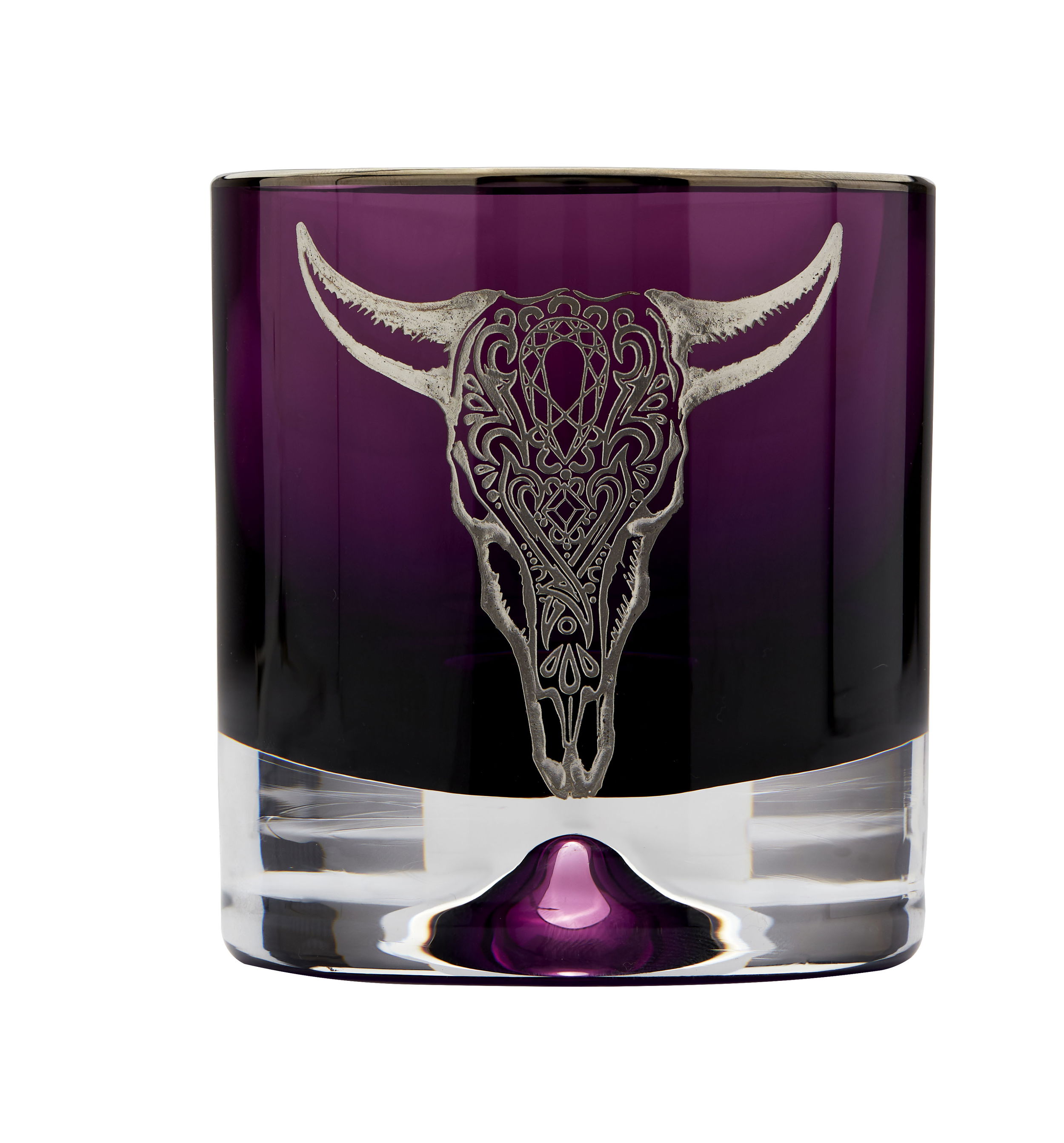 Tequila Lore Cow Tumbler in Amethyst Crystal by Stephen Webster. Amethyst colored crystal tumbler with engraved cow detail in silver. Tequila Lore Cow Tumbler in Amethyst Crystal