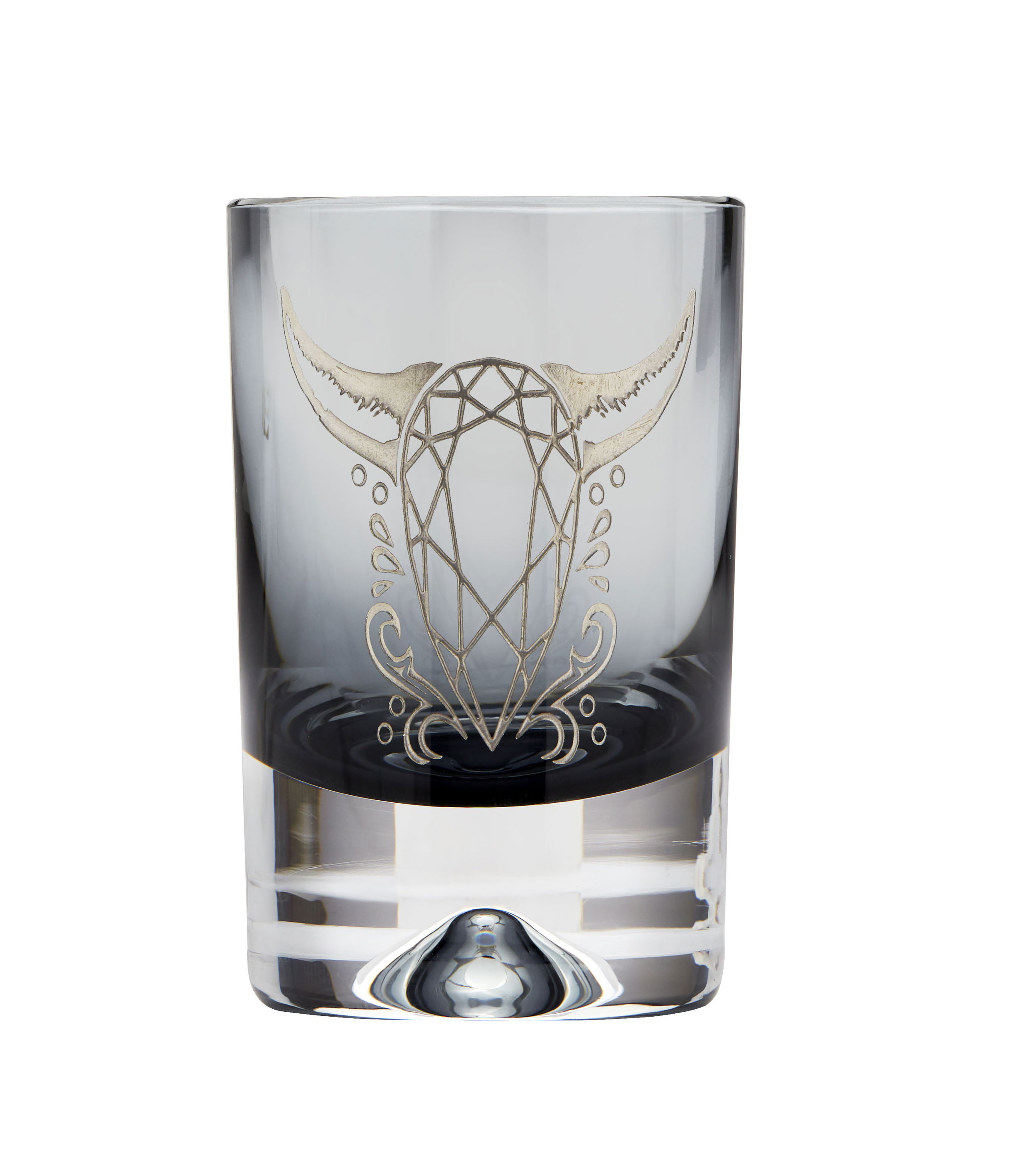 Tequila Lore Cow Shot Glass in Smoke Crystal by Stephen Webster. Smoke colored crystal shot glass with engraved cow detail in silver. Tequila Lore Cow Shot Glass in Smoke Crystal