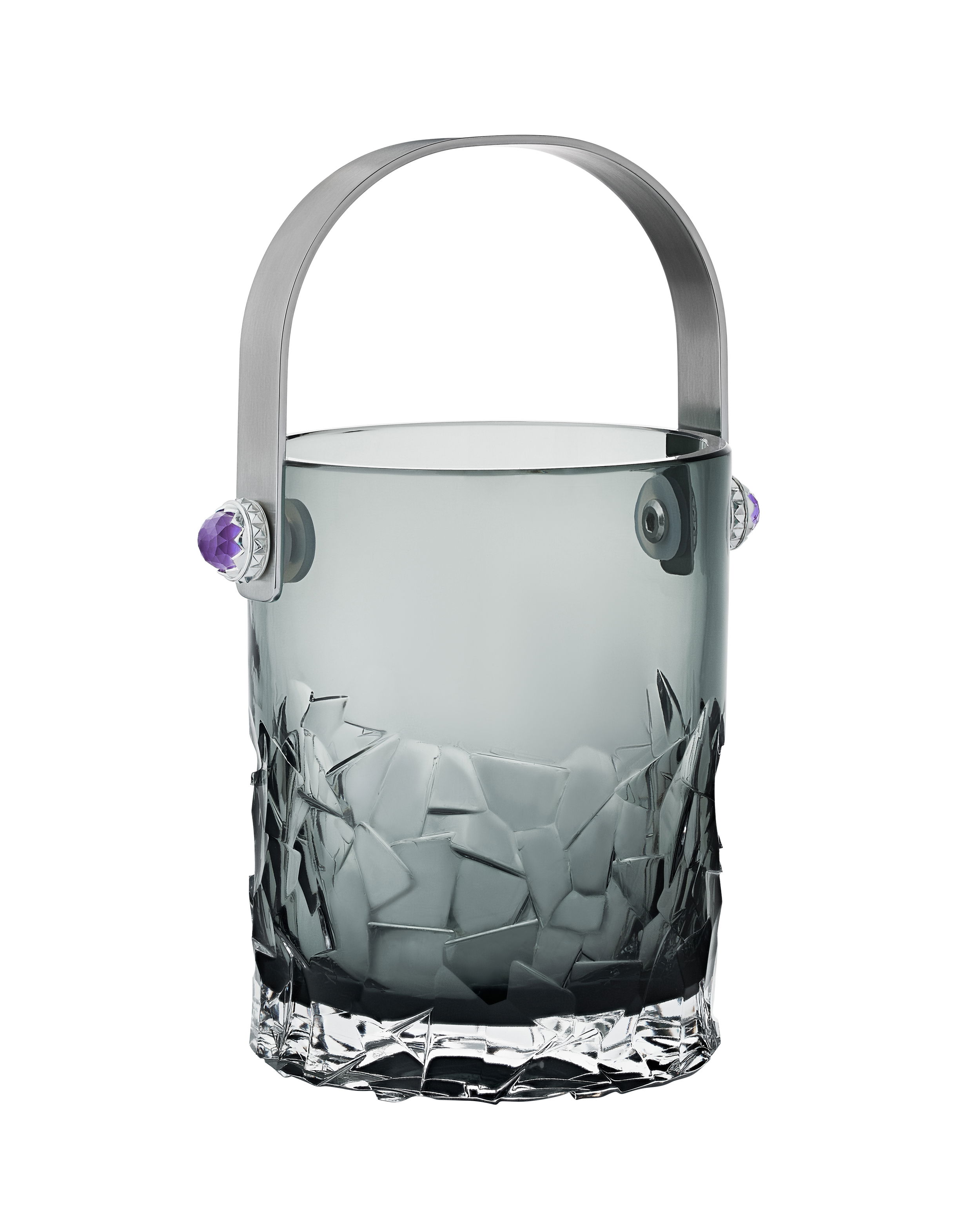 Rocks Smoke Grey Crystal Ice Bucket with Amethyst Details and Stainless Steel by Stephen Webster. Smoke Grey Crystal Ice Bucket with stainless steel handle set with Amethyst. Rocks Smoke Grey Crystal Ice Bucket with Amethyst Details and Stainless Steel