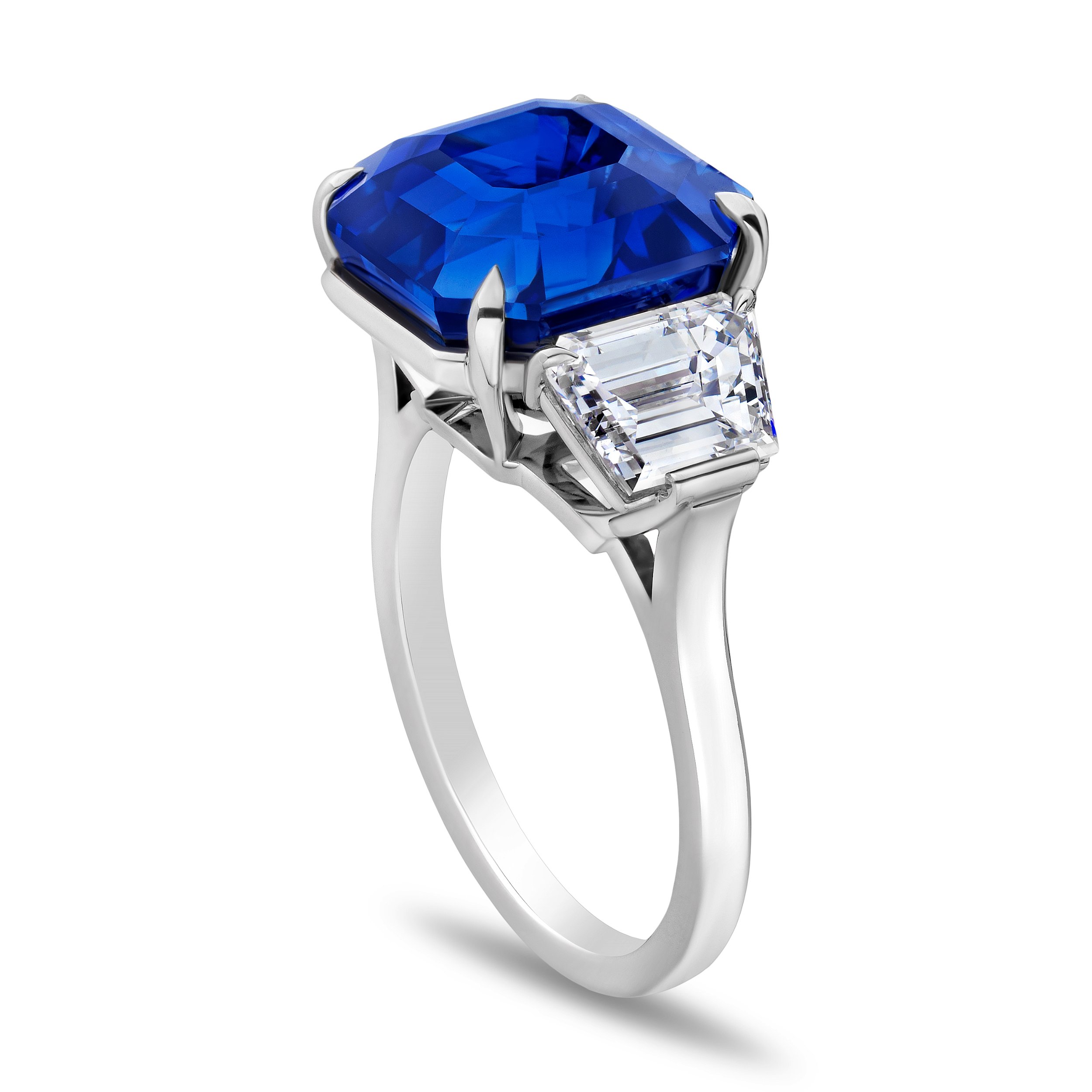 11.08ct Asscher Cut Blue Sapphire with Trapezoid Diamonds in Platinum