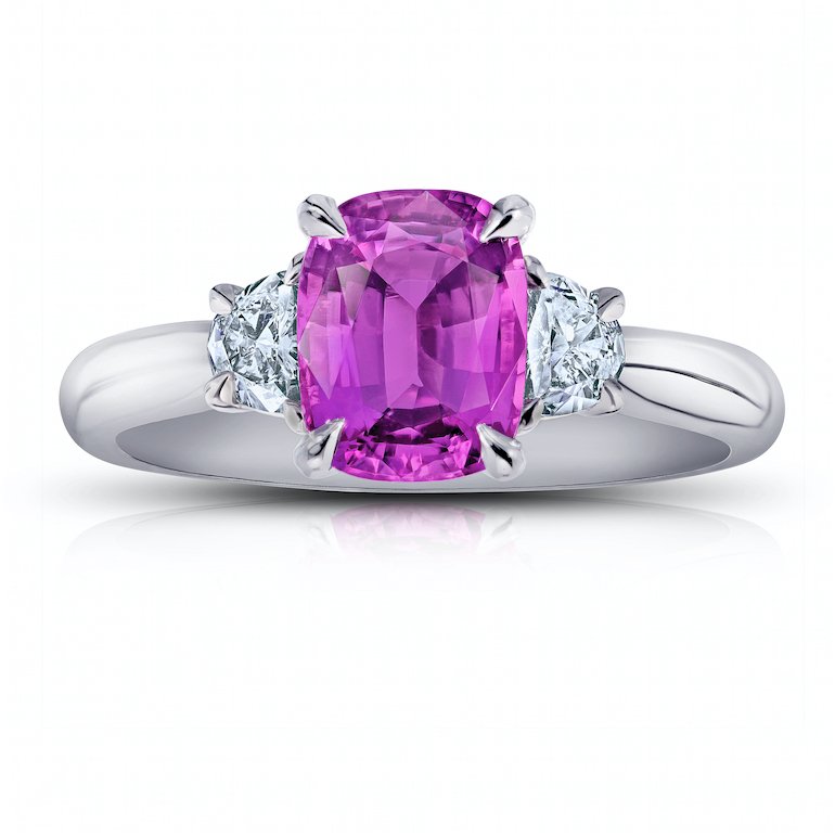 2.22 carat Pink Cushion Sapphire with half moon shape diamonds .34 carats set in platinum ring.