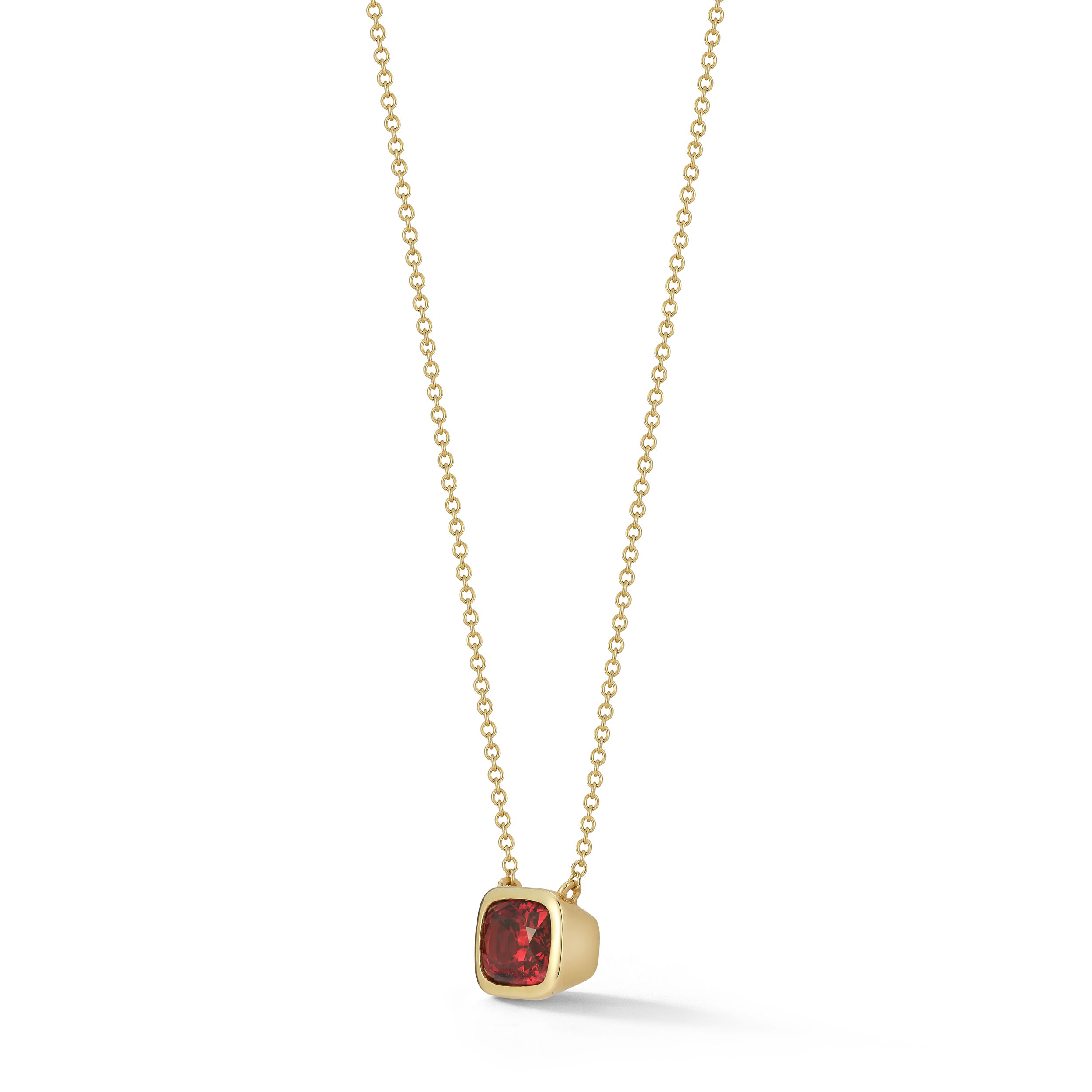 Layering Pendant Necklace with Cushion Red Spinel in 18kt Yellow Gold by Katherine Jetter. One cushion cut red spinel is set in an 18kt yellow gold pendant on an adjustable 18 inch chain. Layering Pendant Necklace with Cushion Red Spinel in 18kt Yellow Gold