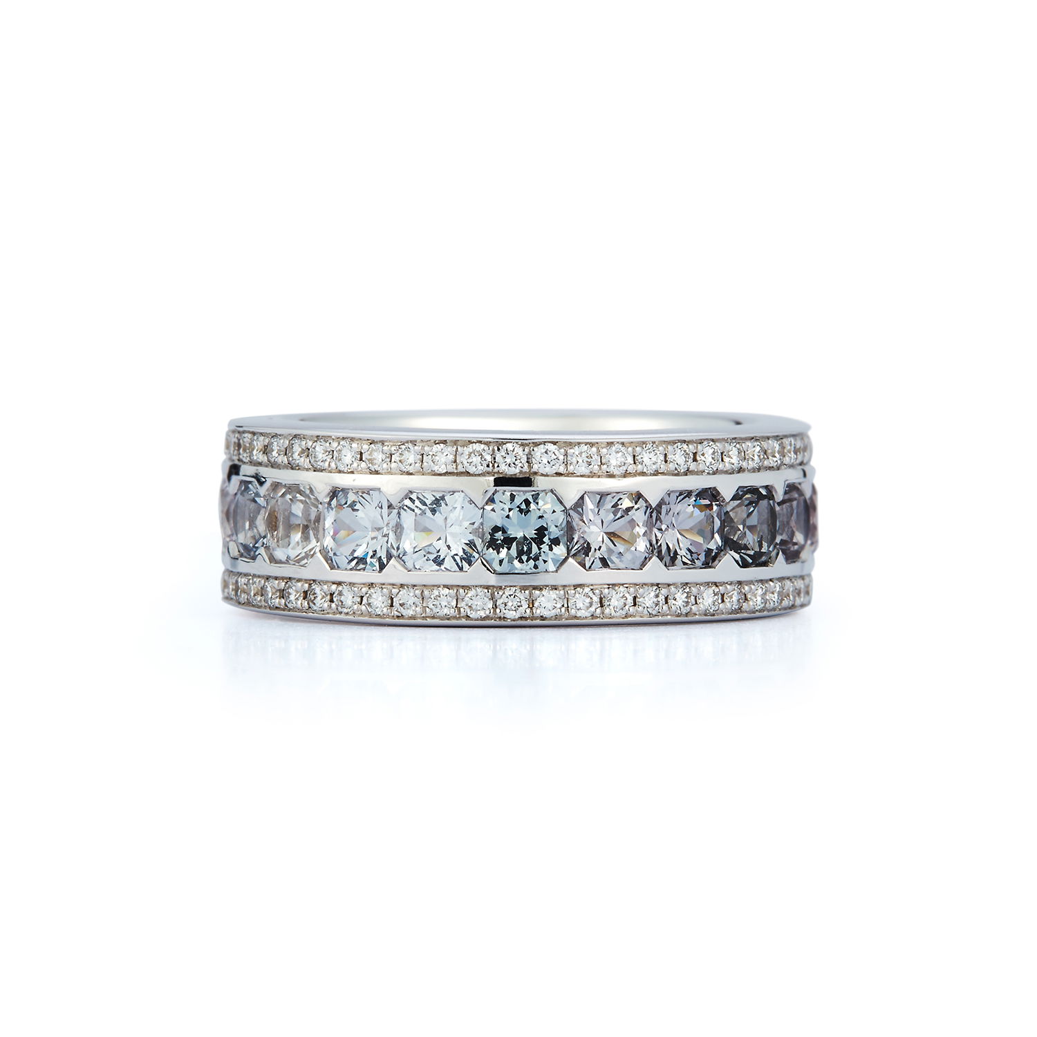 Origami Stacking Band Ring with Grey Blue Spinels and White Diamonds in 18kt White Gold