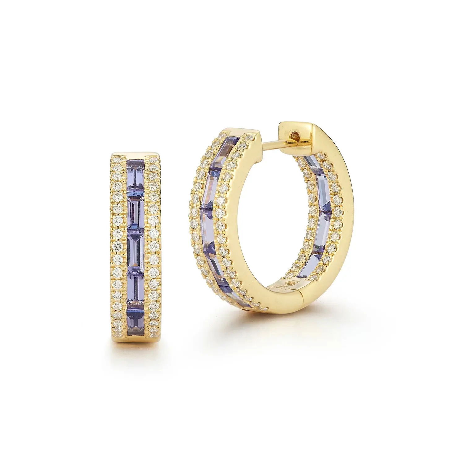 Origami Mini Huggie Hoop Earrings with Tanzanite and White Diamonds in 18kt Yellow Gold