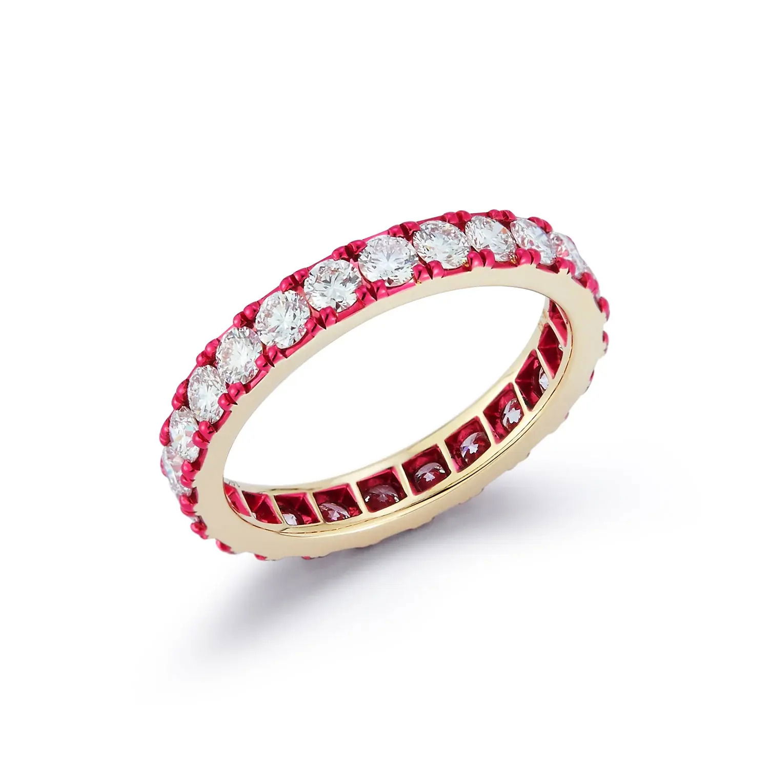Graffiti Stacking Ring with White Diamonds in 14kt White Gold with Pink Rhodium by Katherine Jetter. 1.47ctw of white diamonds sparkle from this 14kt white gold band with pink rhodium over. This ring is a size 6.5. Graffiti Stacking Ring with White Diamonds in 14kt White Gold with Pink Rhodium