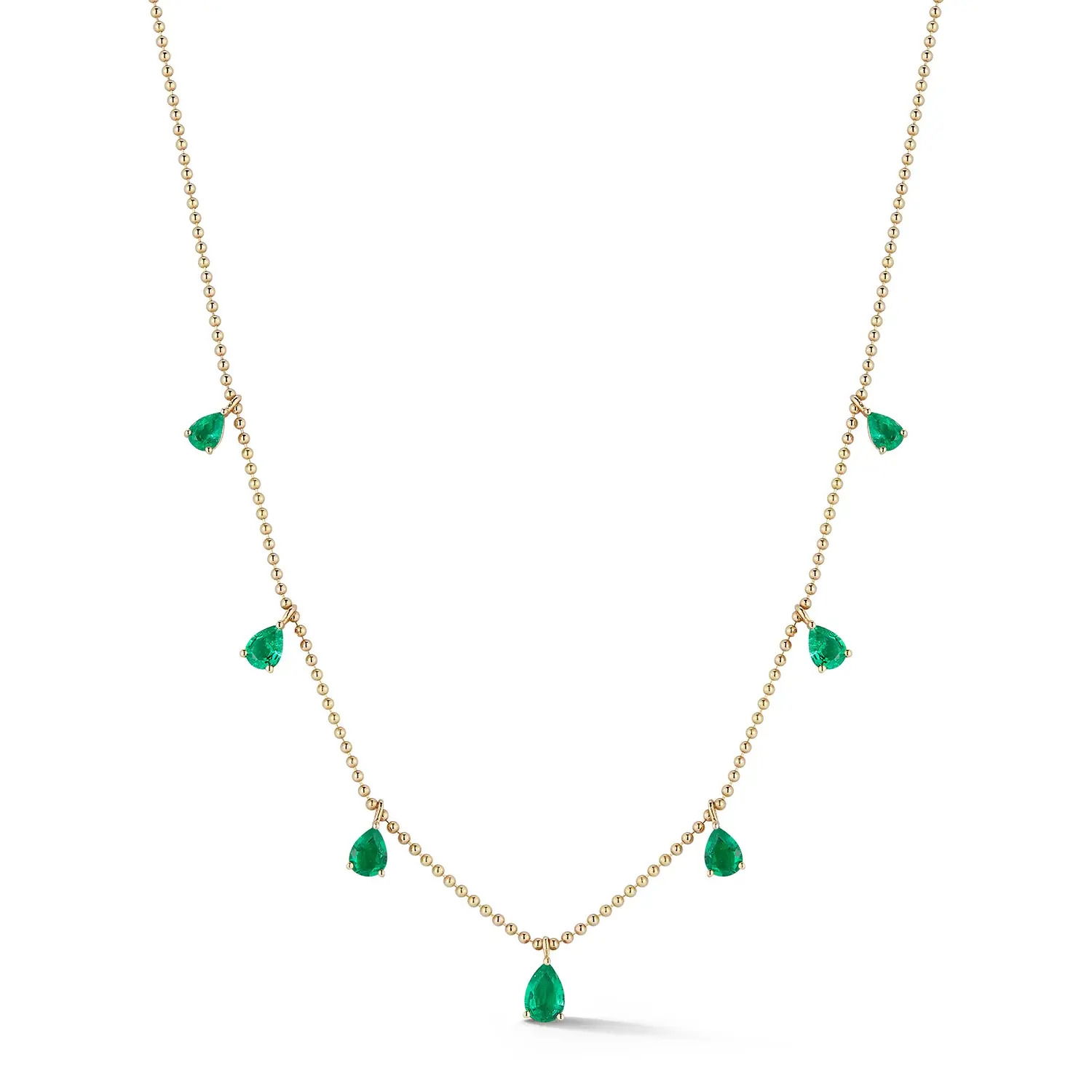 Floating Pears Necklace with Seven Emeralds in 18kt Yellow Gold