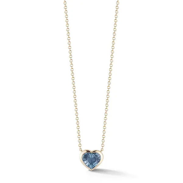 The Hearts Club Single Heart Pendant Necklace with Blue Spinel in 18kt Yellow Gold by Katherine Jetter. One small blue spinel heart at approximately 1.17ct is bezel set in this queen of hearts pendant created in 18kt yellow gold. The Hearts Club Single Heart Pendant Necklace with Blue Spinel in 18kt Yellow Gold